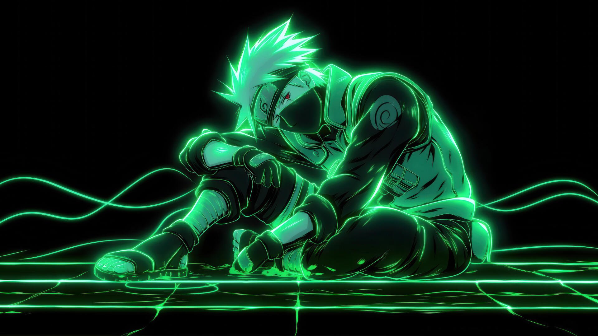 Kakashi Hatake (Naruto) glowing neon green, crouched on a luminous grid in mask and headband — 5K Ultra HD PC desktop wallpaper/background.