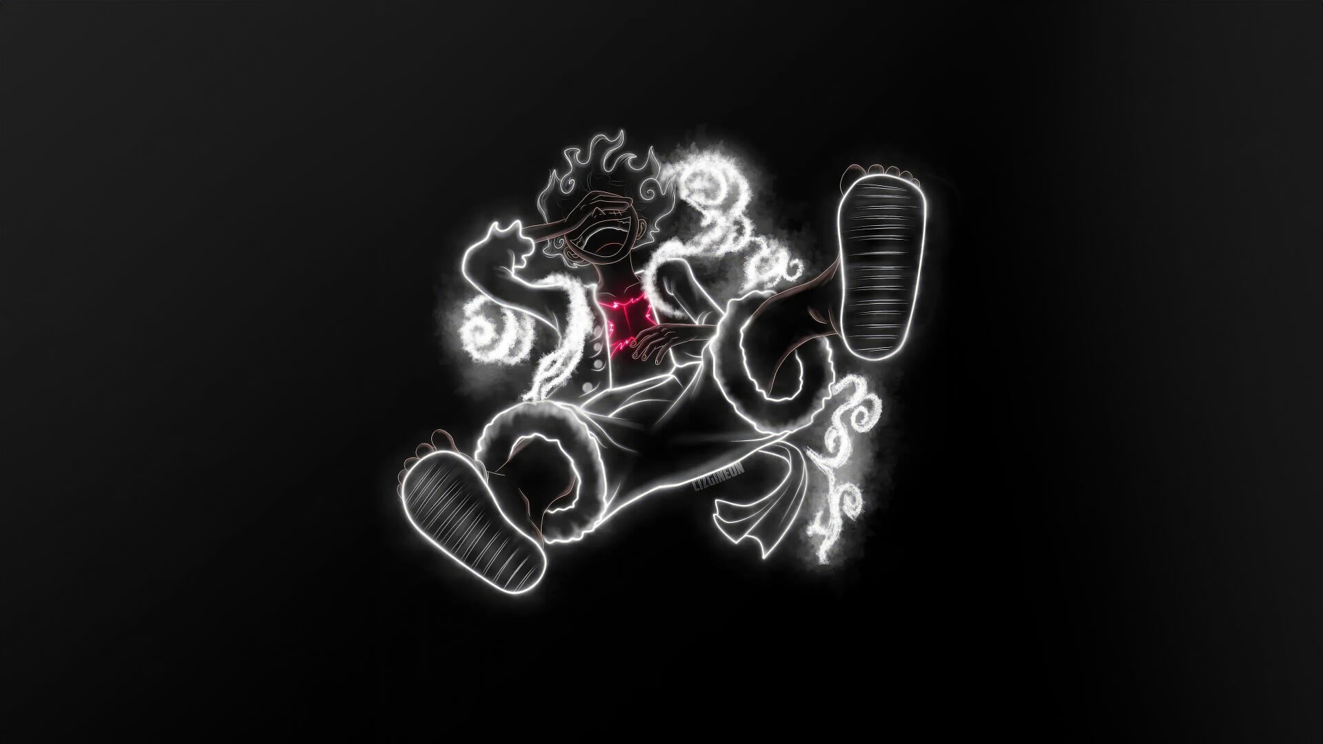 Neon-outline Monkey D. Luffy (One Piece) in a glowing mid-air pose, luminous white lines and red chest accent on a deep black background — 5K Ultra HD PC desktop wallpaper.