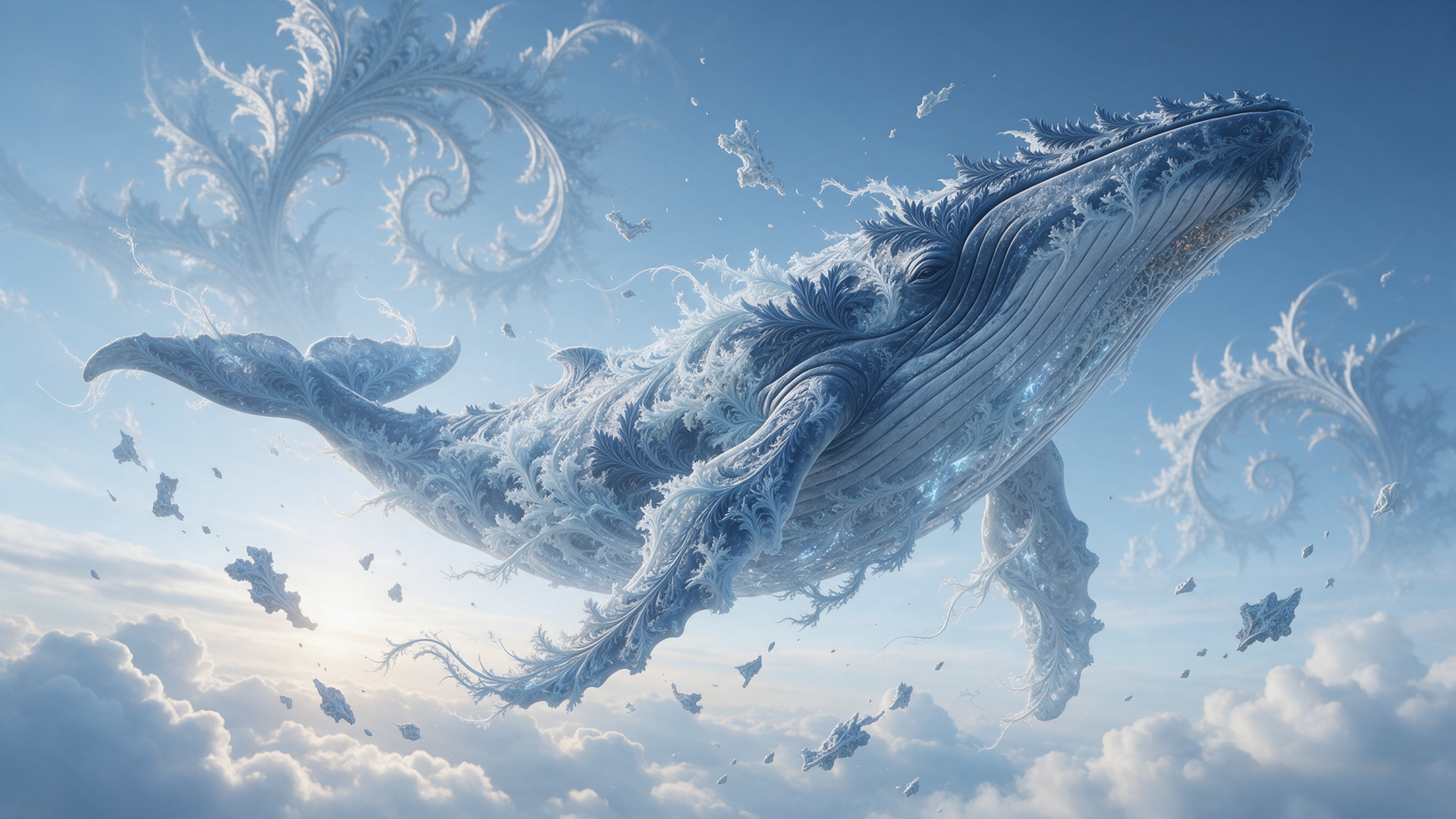 2K Quad HD PC desktop wallpaper: a majestic flying whale made of clouds gliding through a pale blue sky with swirling cloud formations.