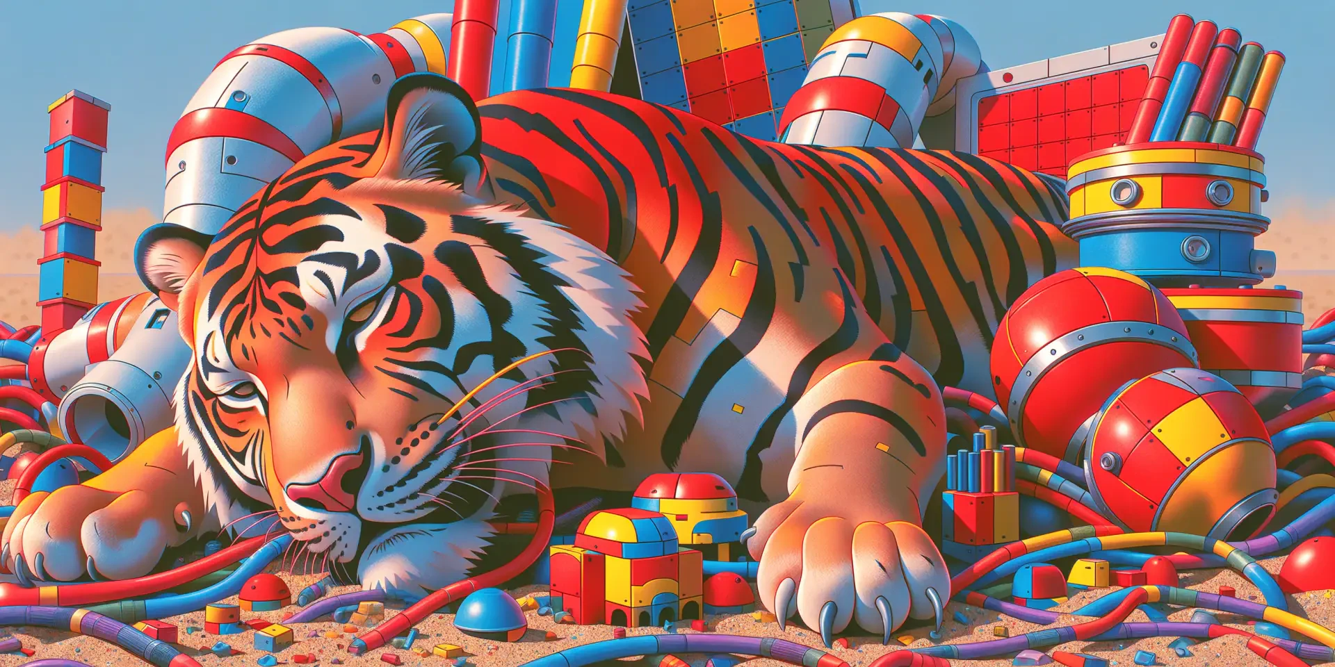 2K Quad HD PC desktop wallpaper of a Bengal tiger reclining amid bright, toy-like pipes and colorful blocks — a vivid, stylized tiger image.