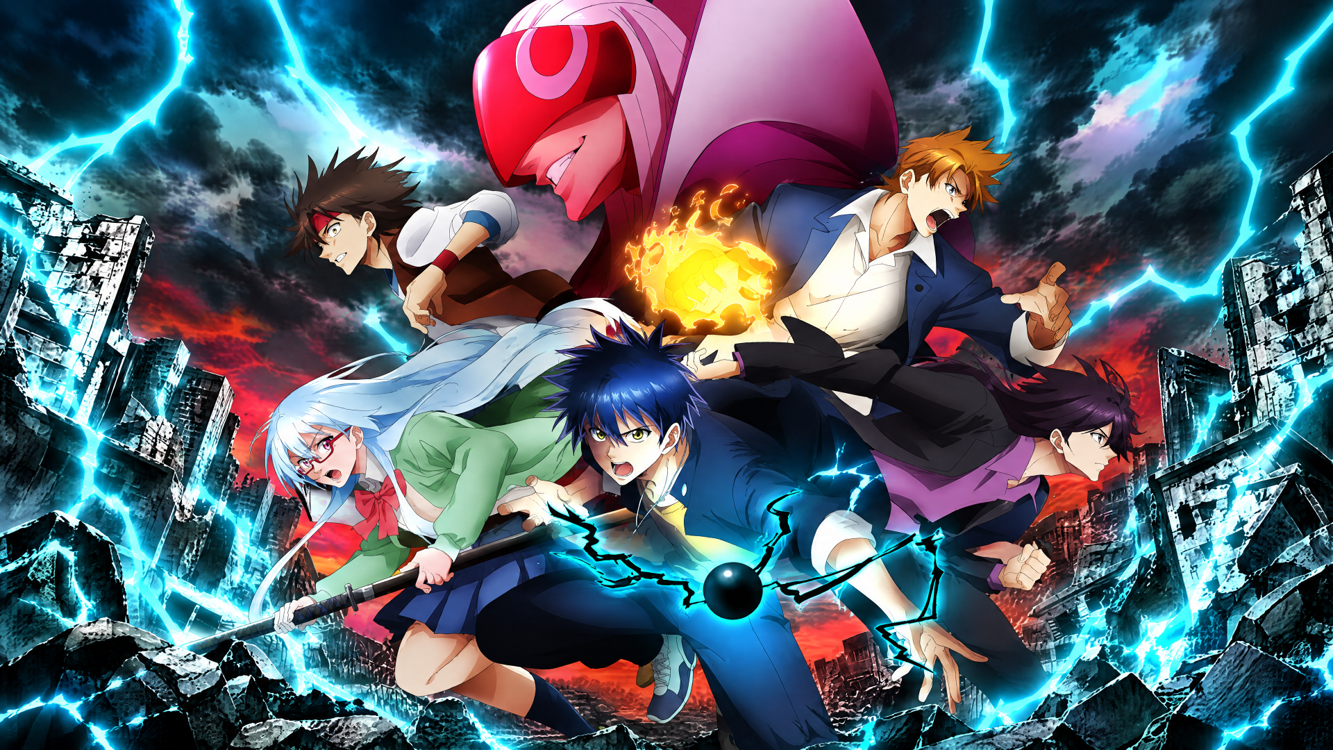 Psyren anime 4K Ultra HD PC desktop wallpaper: ensemble of characters in dynamic battle poses above a shattered city, crackling blue lightning and a blue‑haired hero clutching a glowing energy orb.