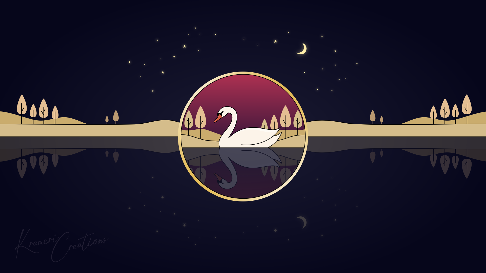 8K Ultra HD PC desktop wallpaper vector art: white swan waterfowl on a reflective lake beneath a crescent moon and starry night sky, framed by stylized trees and shoreline.