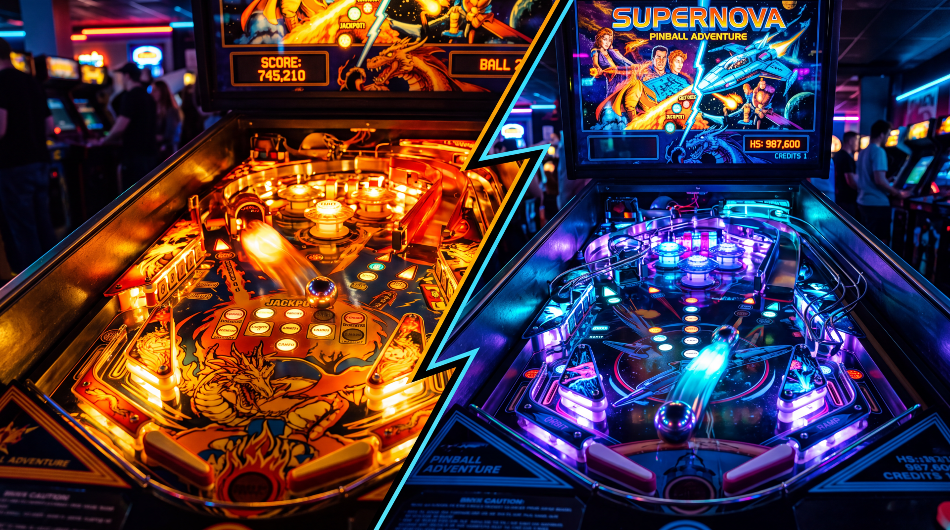 5K Ultra HD PC desktop wallpaper of two illuminated pinball arcade machines with vivid neon colors and detailed playfields.