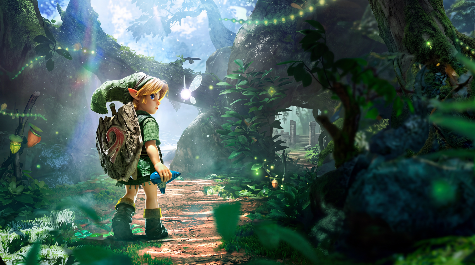 5K Ultra HD PC wallpaper: Link from The Legend of Zelda: Ocarina of Time (2026) stands on a sunlit forest path, ocarina on his pack and a fairy glowing nearby.