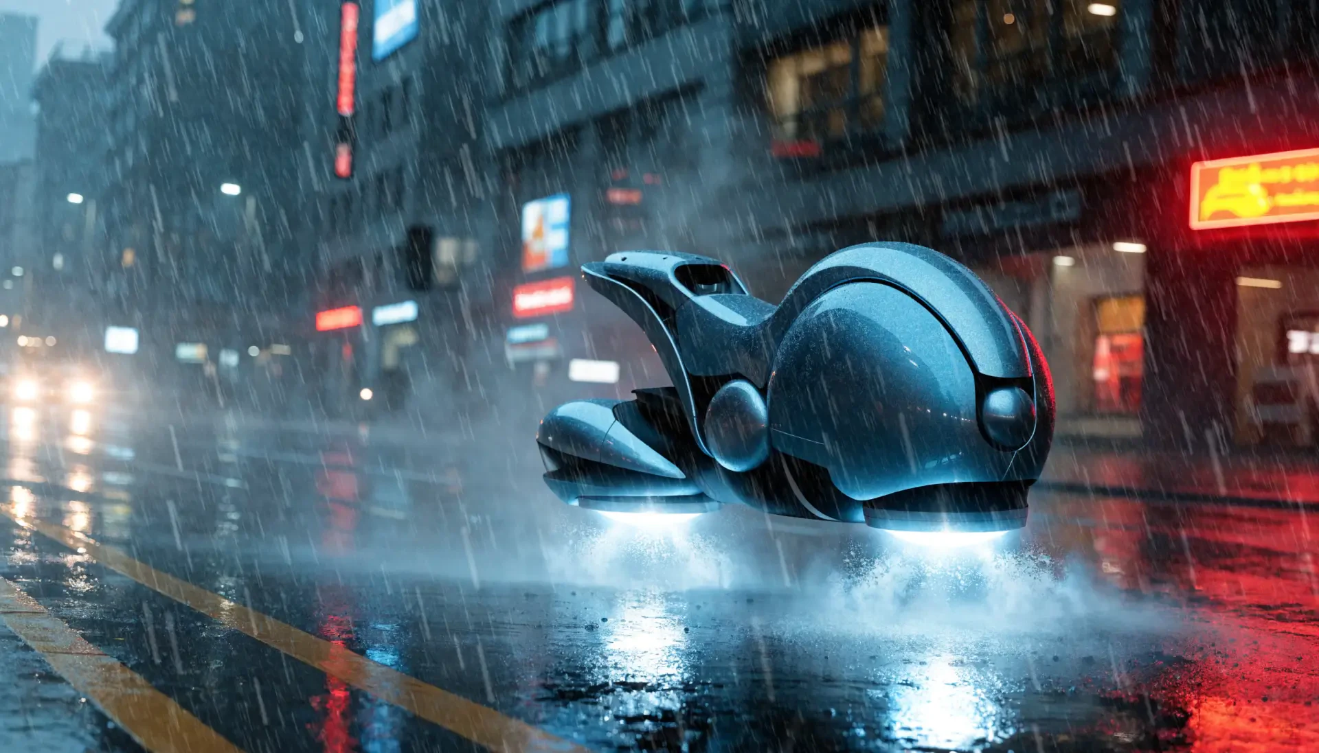 2K Quad HD PC desktop wallpaper: a glossy hoverbike/flying car concept — a sleek futuristic car hovering over a rain‑slick city street at night.