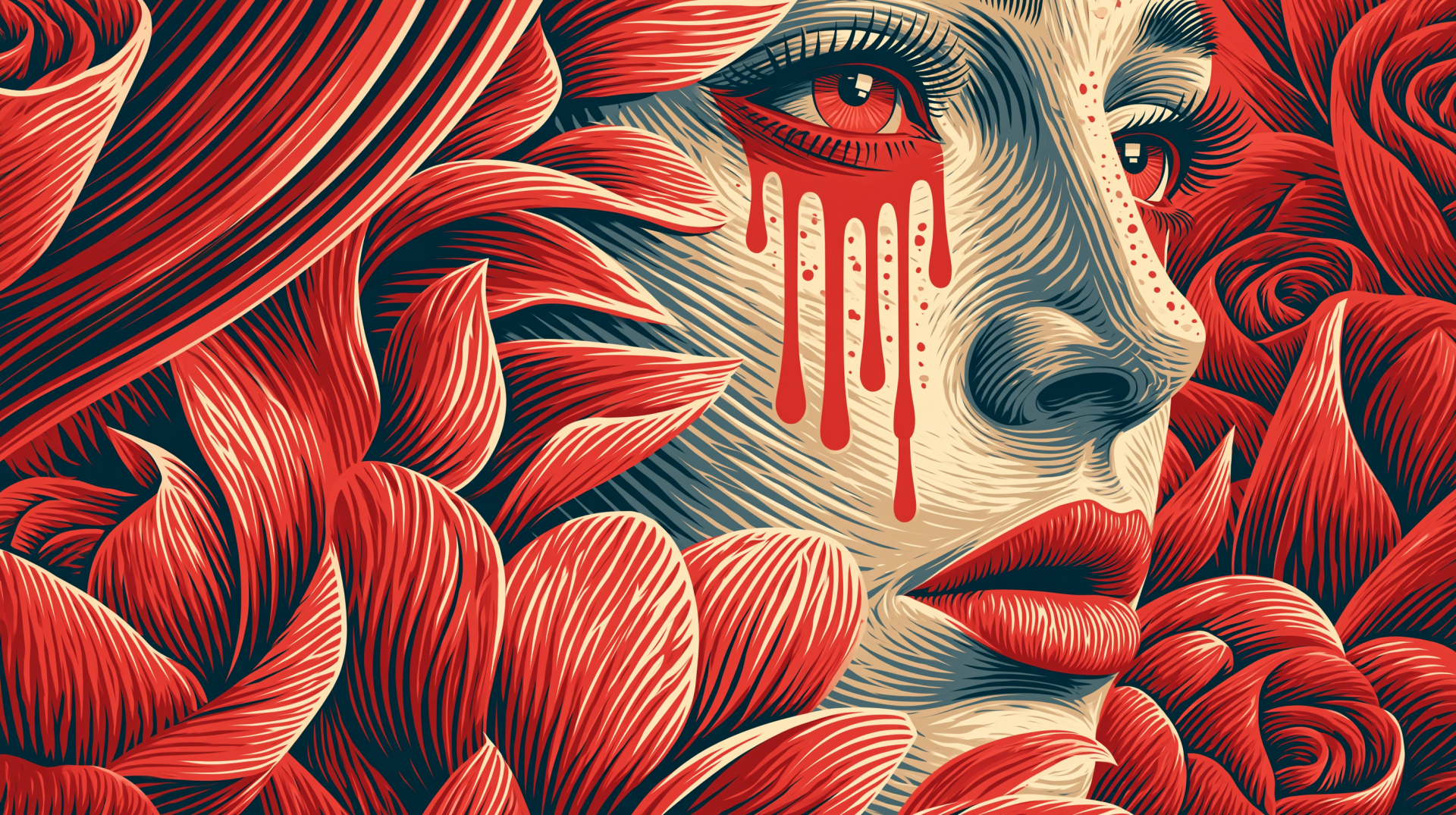 2K Quad HD PC desktop wallpaper: portrait of a sad, crying woman framed by red flower petals, her tears streaking down like dripping paint.
