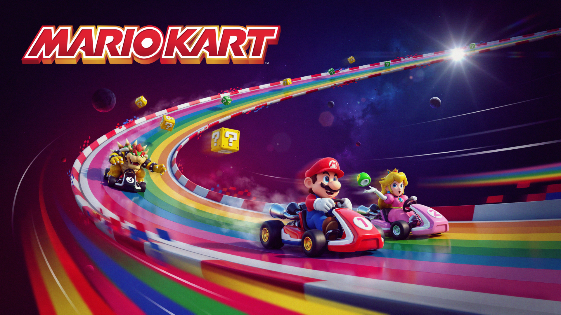 Mario Kart race scene: Mario, Princess Peach and Bowser speed karts along a vibrant rainbow track under a starry sky — 2K Quad HD PC desktop wallpaper/background.