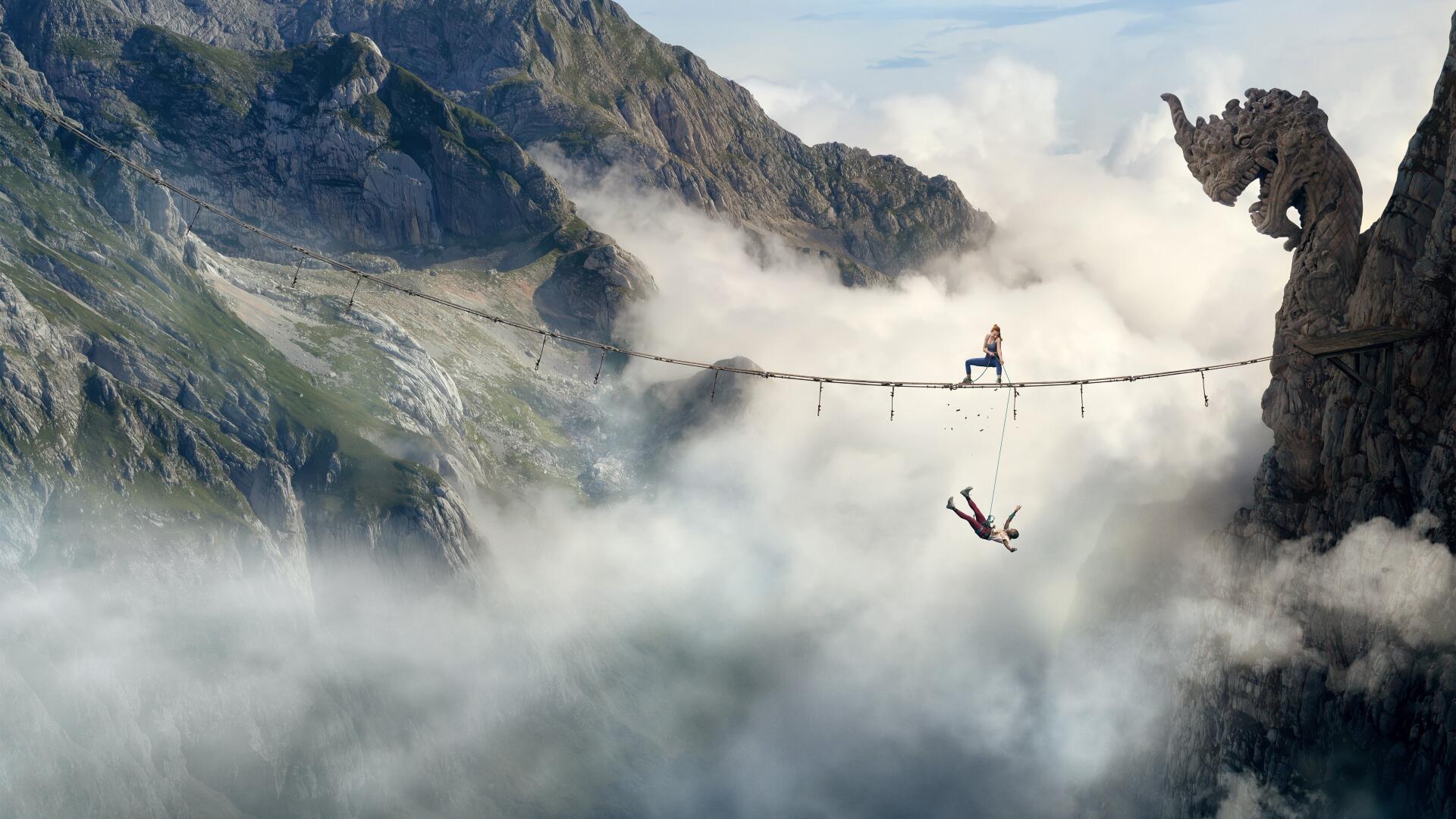 Fall 2: Deadpoint - 4K Ultra HD PC desktop wallpaper: a lone figure on a narrow suspension bridge over clouds as another plunges into mist between jagged mountain peaks and a stone gargoyle.