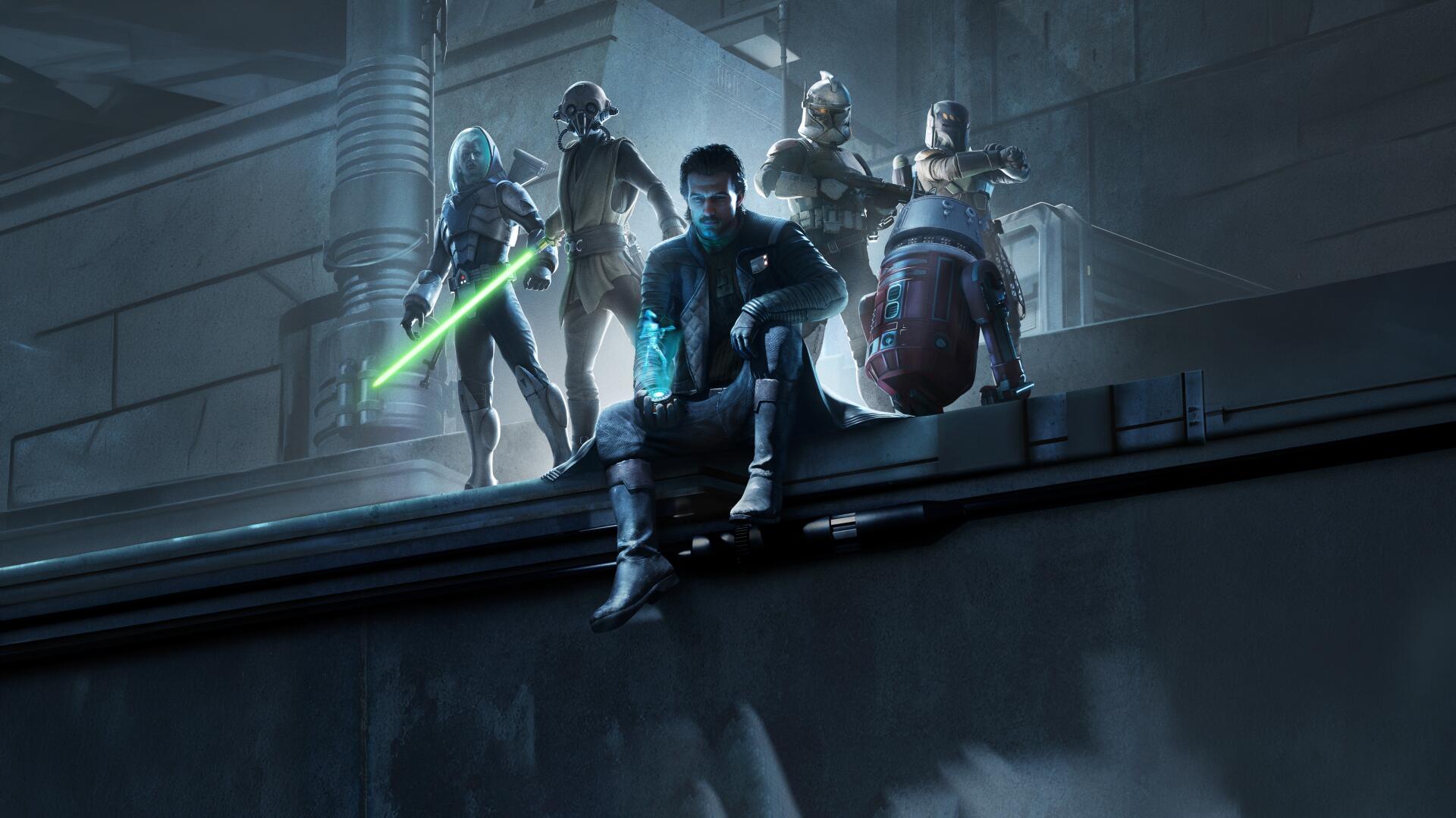 Star Wars: Zero Company video game — five armored figures, one brandishing a green lightsaber, perched on an industrial rooftop under dramatic sci‑fi lighting. 4K Ultra HD PC Desktop Wallpaper and Background.