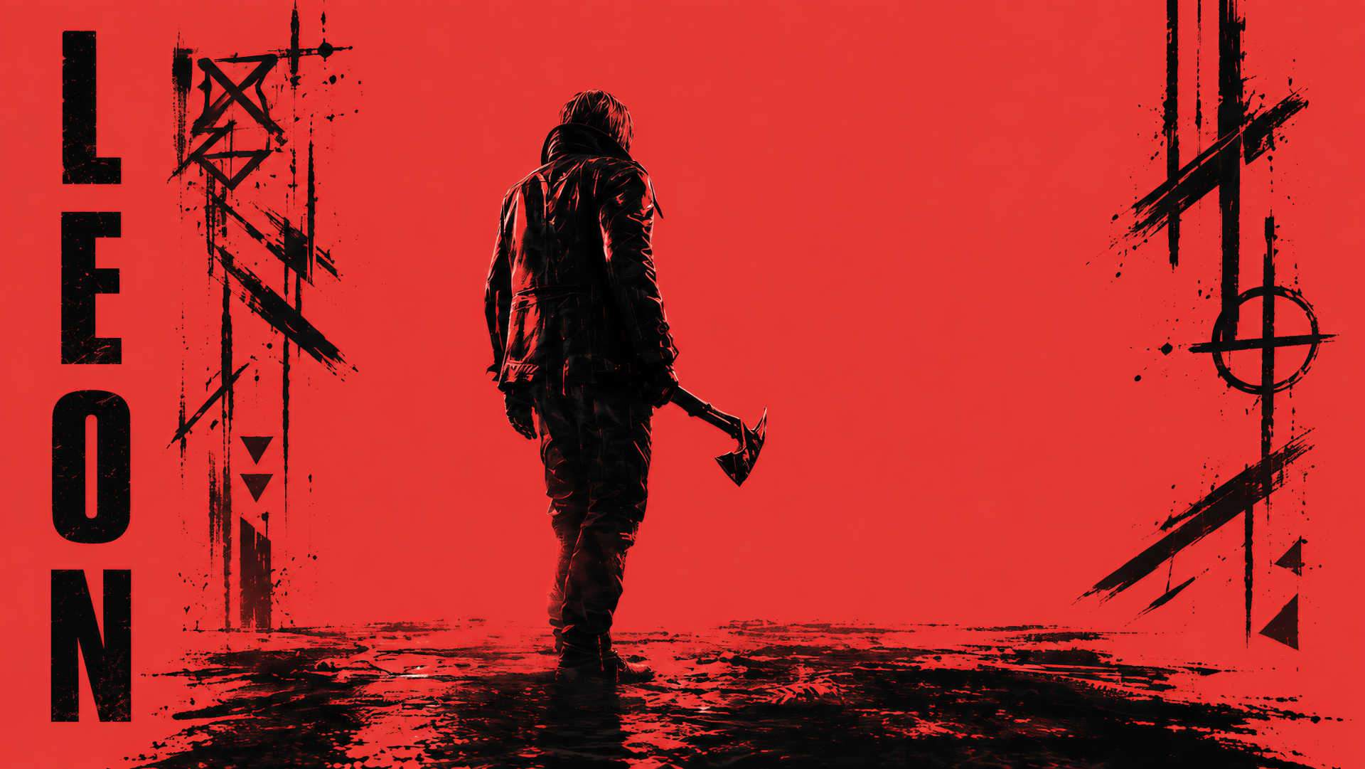 Leon S. Kennedy silhouette with an axe on a blood-red backdrop, stylized Resident Evil and Resident Evil Requiem 5K Ultra HD PC desktop wallpaper.