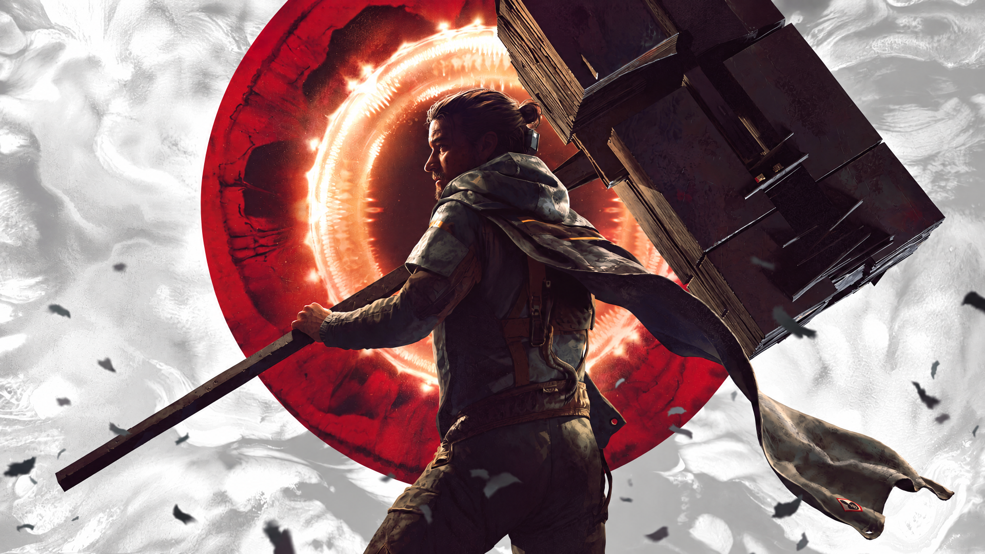 Control Resonant: Dylan Faden as a warrior wielding a massive sword before a glowing red portal — 4K Ultra HD PC desktop wallpaper background.