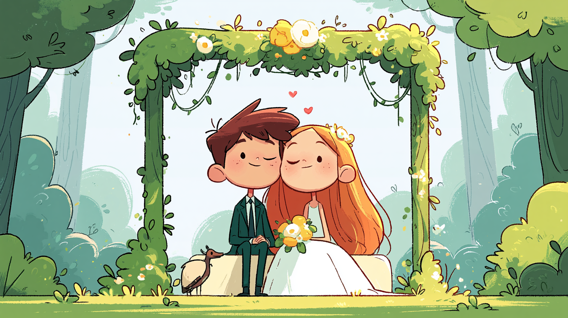 Cartoon bride and groom share a kiss under a flowered arch at their marriage ceremony — cheerful wedding scene in a 2K Quad HD PC desktop wallpaper background