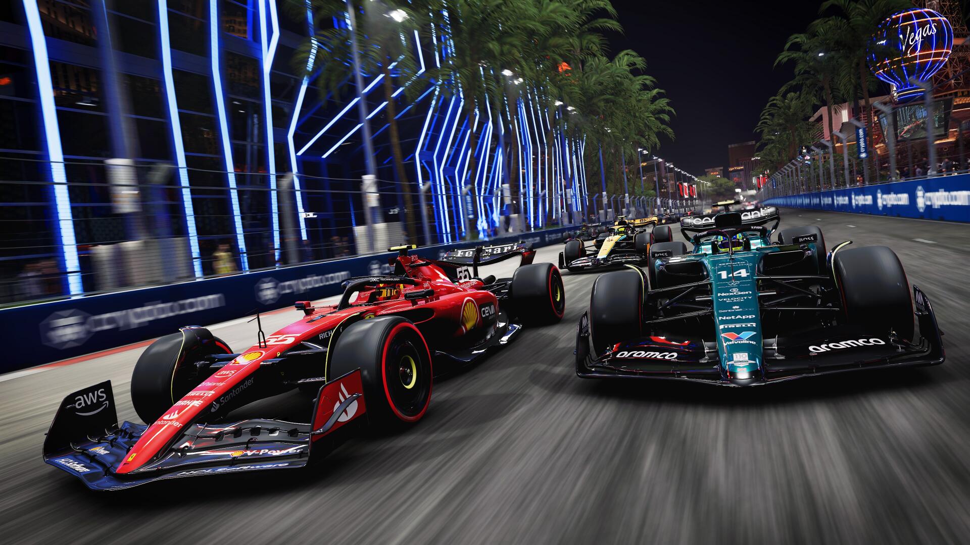 F1 race cars battling at night on a neon city circuit, dynamic close-up action shot — 4K Ultra HD PC Desktop Wallpaper and Background.