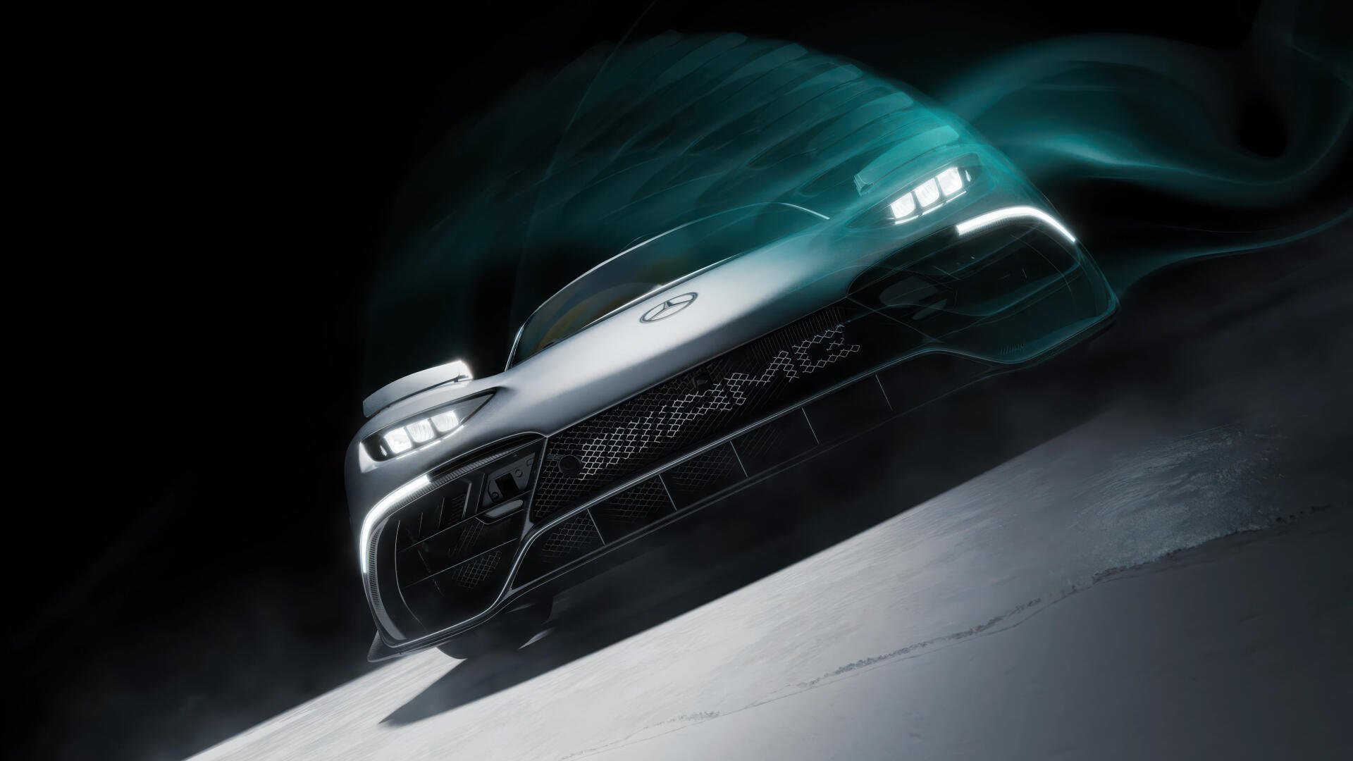 Low-angle front view of a Mercedes‑Benz AMG car with teal motion trails on a dark backdrop — 4K Ultra HD PC desktop wallpaper and background.