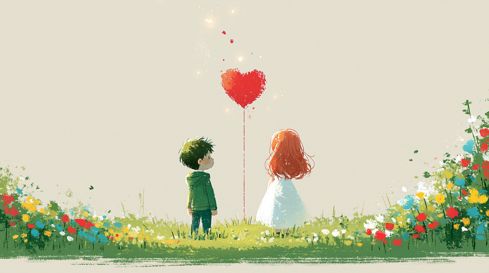 2K Quad HD PC desktop wallpaper background: two children in a flowered meadow holding a floating heart-shaped balloon, a tender scene of love and companionship.