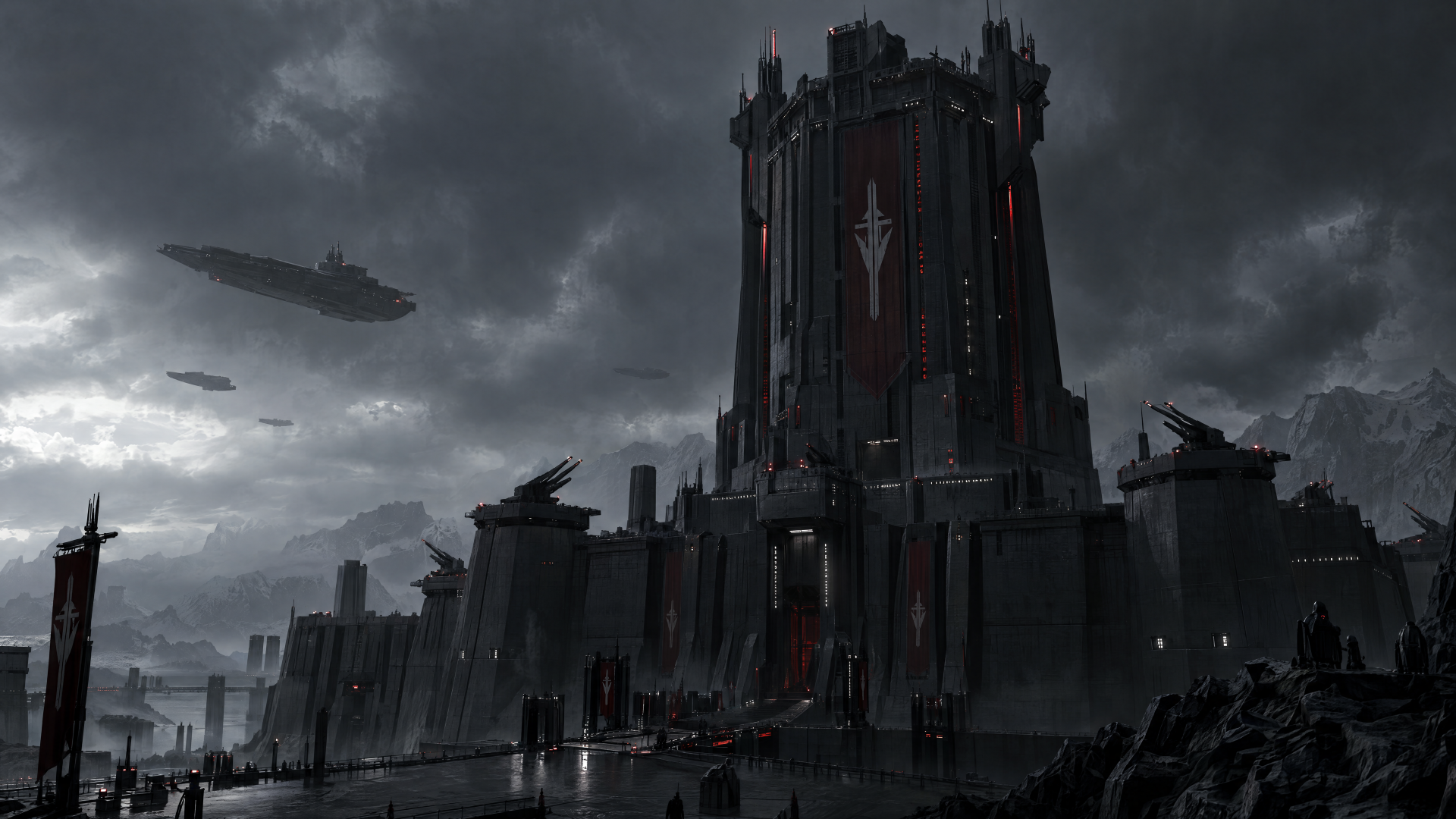 Dark fortified tower looms over a sprawling fortress and stormy cityscape under heavy clouds, 4K Ultra HD PC desktop wallpaper and background.