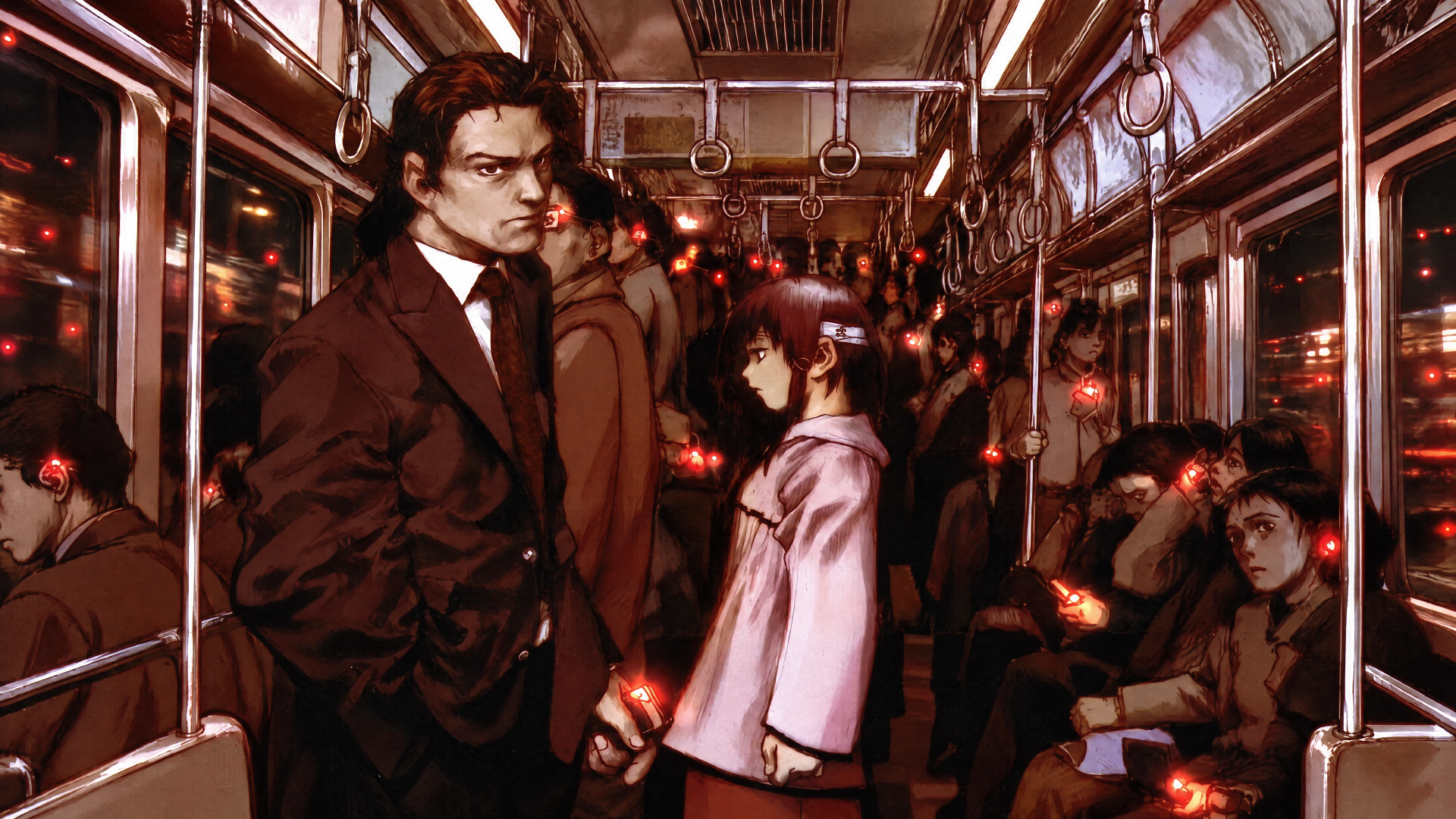 Serial Experiments Lain — Lain Iwakura amid subway passengers on a dim, crowded train, glowing handheld lights; 4K Ultra HD PC desktop wallpaper.