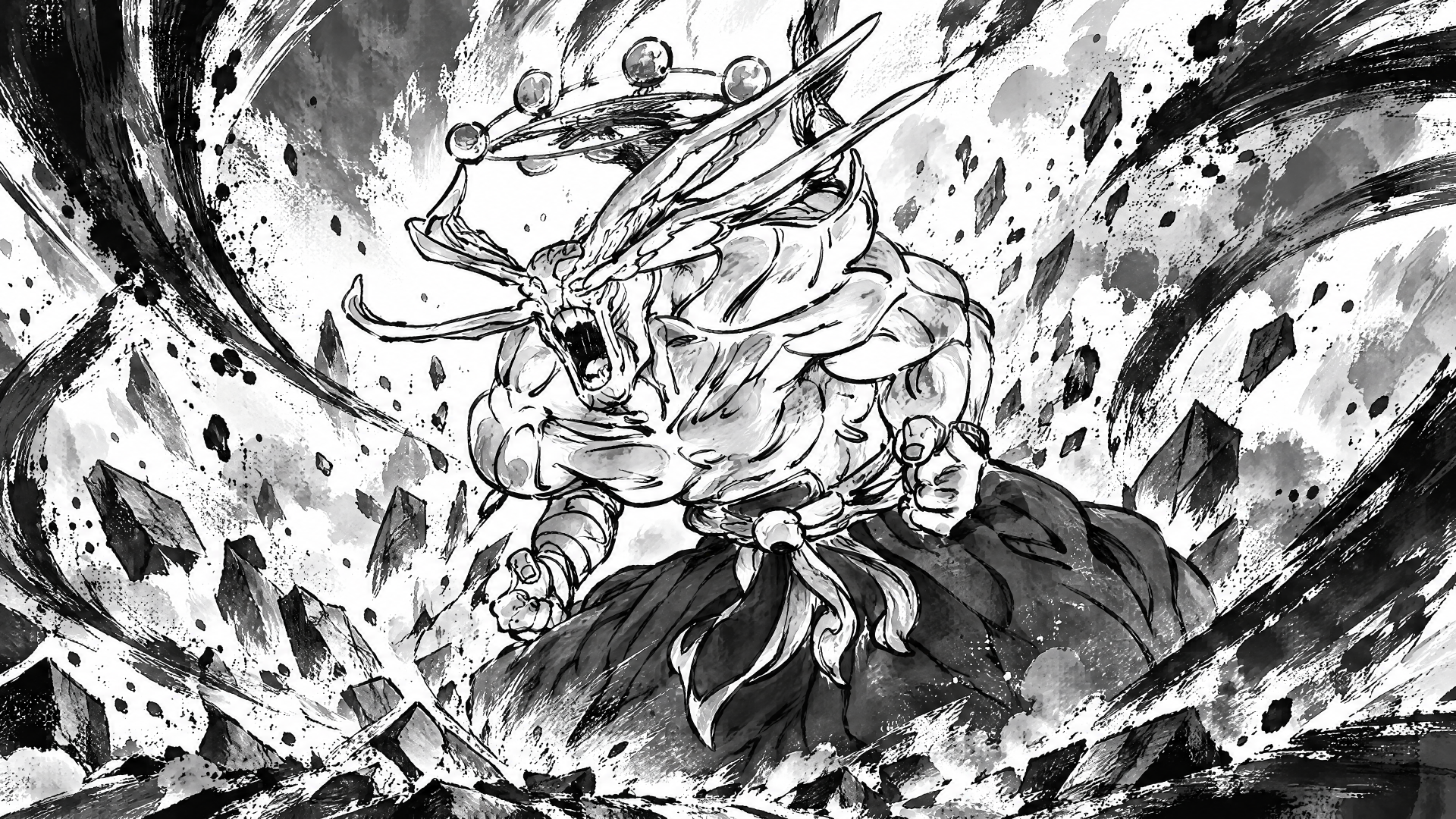 4K Ultra HD PC desktop wallpaper depicting Mahoraga (Jujutsu Kaisen): a roaring, multi-limbed demon monster amid explosive debris and swirling black energy in high-contrast monochrome.