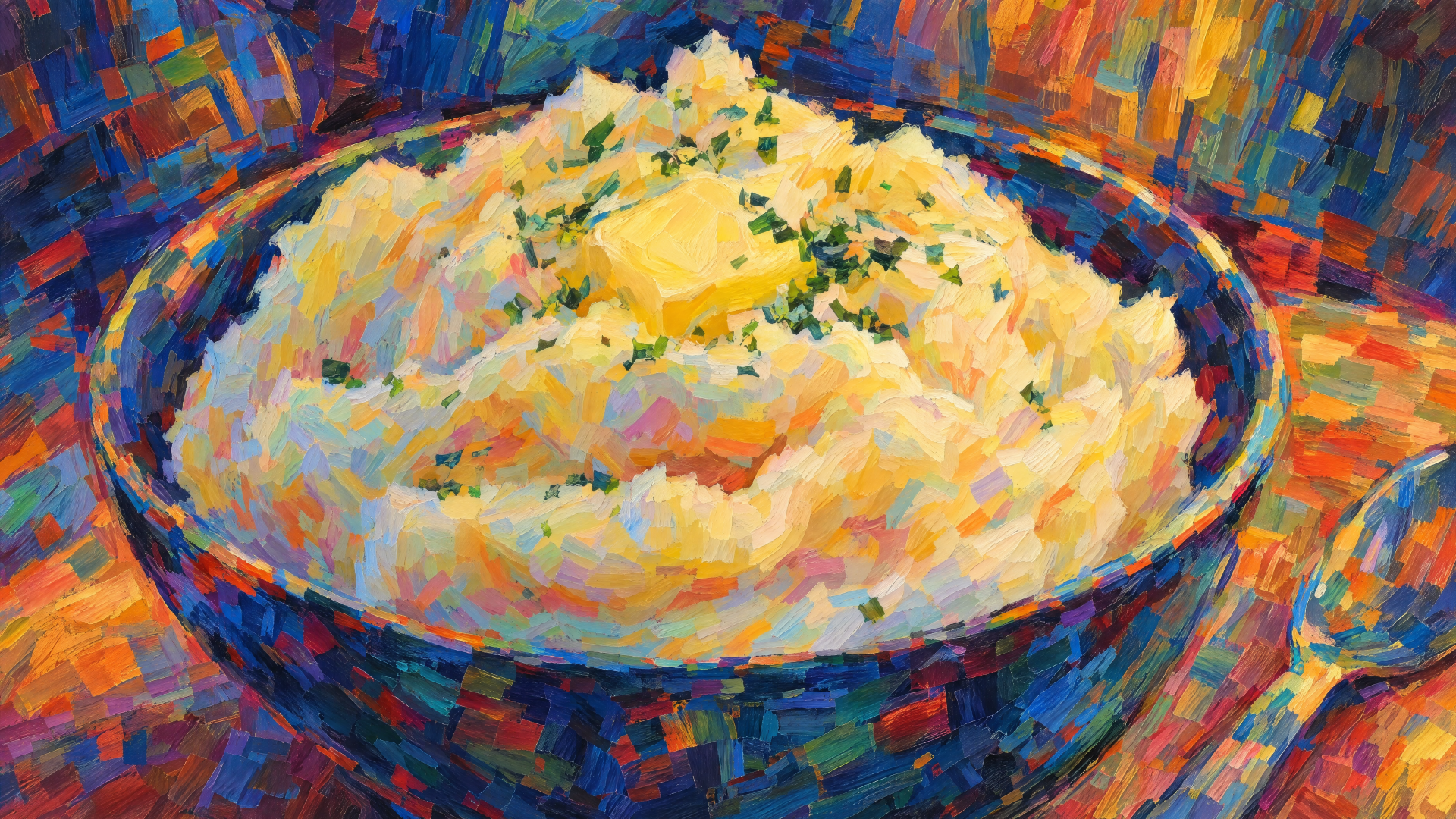 4K Ultra HD desktop wallpaper: painterly bowl of mashed potatoes topped with butter and herbs, rice-like textured brushstrokes in vivid colors, food background.