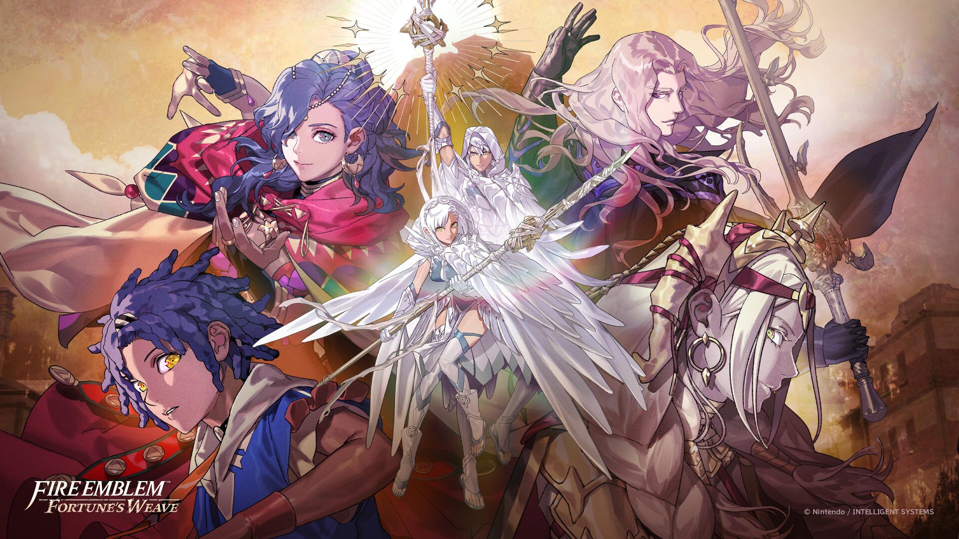 HD PC desktop wallpaper and background: Fire Emblem: Fortune's Weave — radiant, golden-hued illustration of armored heroes surrounding a luminous winged figure.
