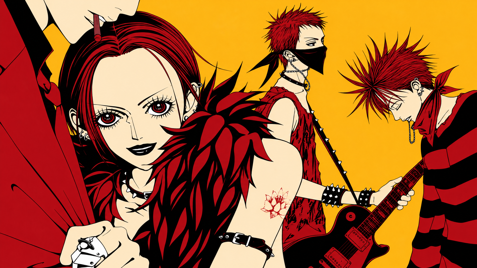 4K Ultra HD PC wallpaper: Nana Osaki and Black Stones bandmates in anime style, red-and-black outfits and electric guitars against a vivid yellow background.
