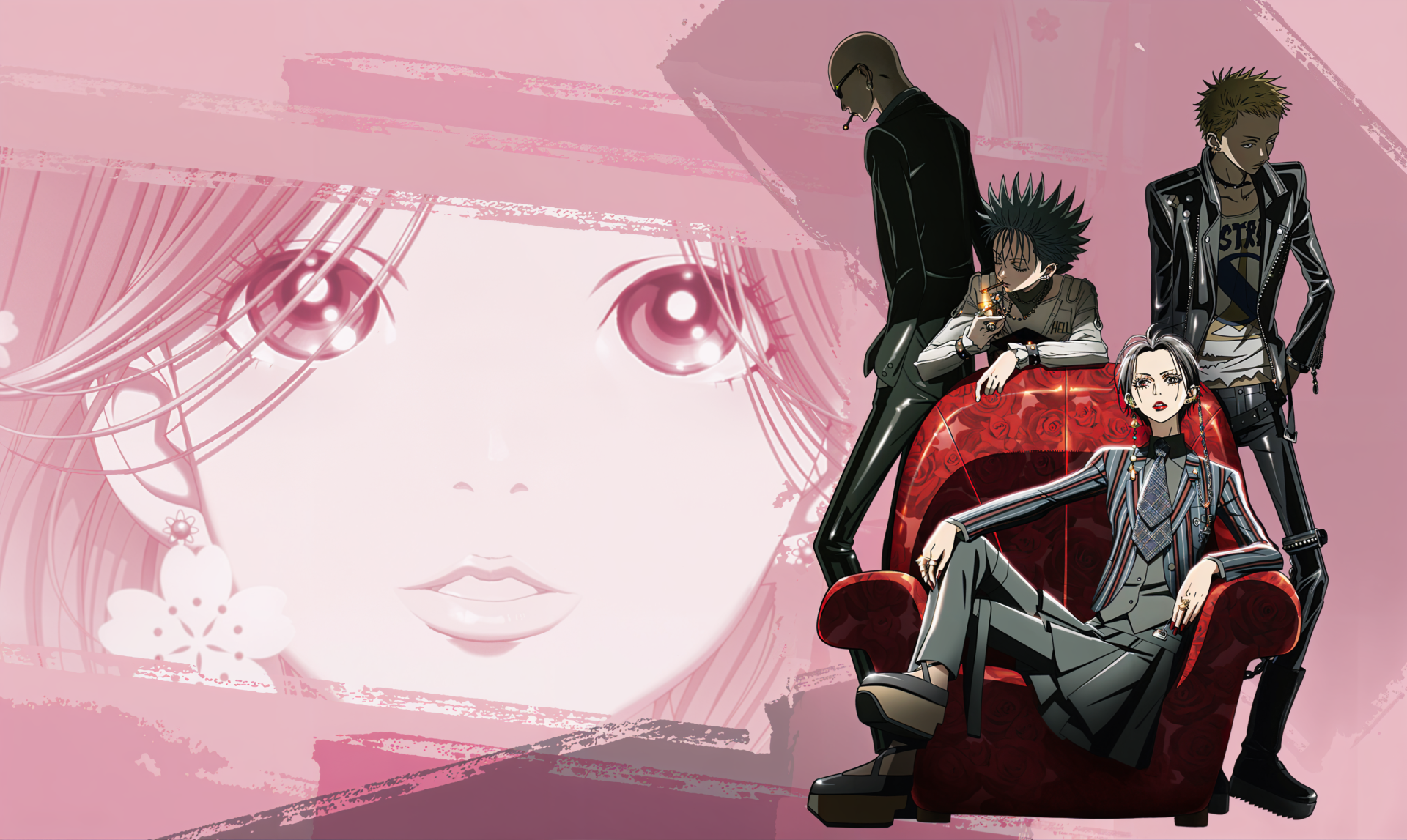 4K Ultra HD anime PC wallpaper: Nana Komatsu's pink-toned close-up fills the background while the Black Stones members pose around a red armchair.