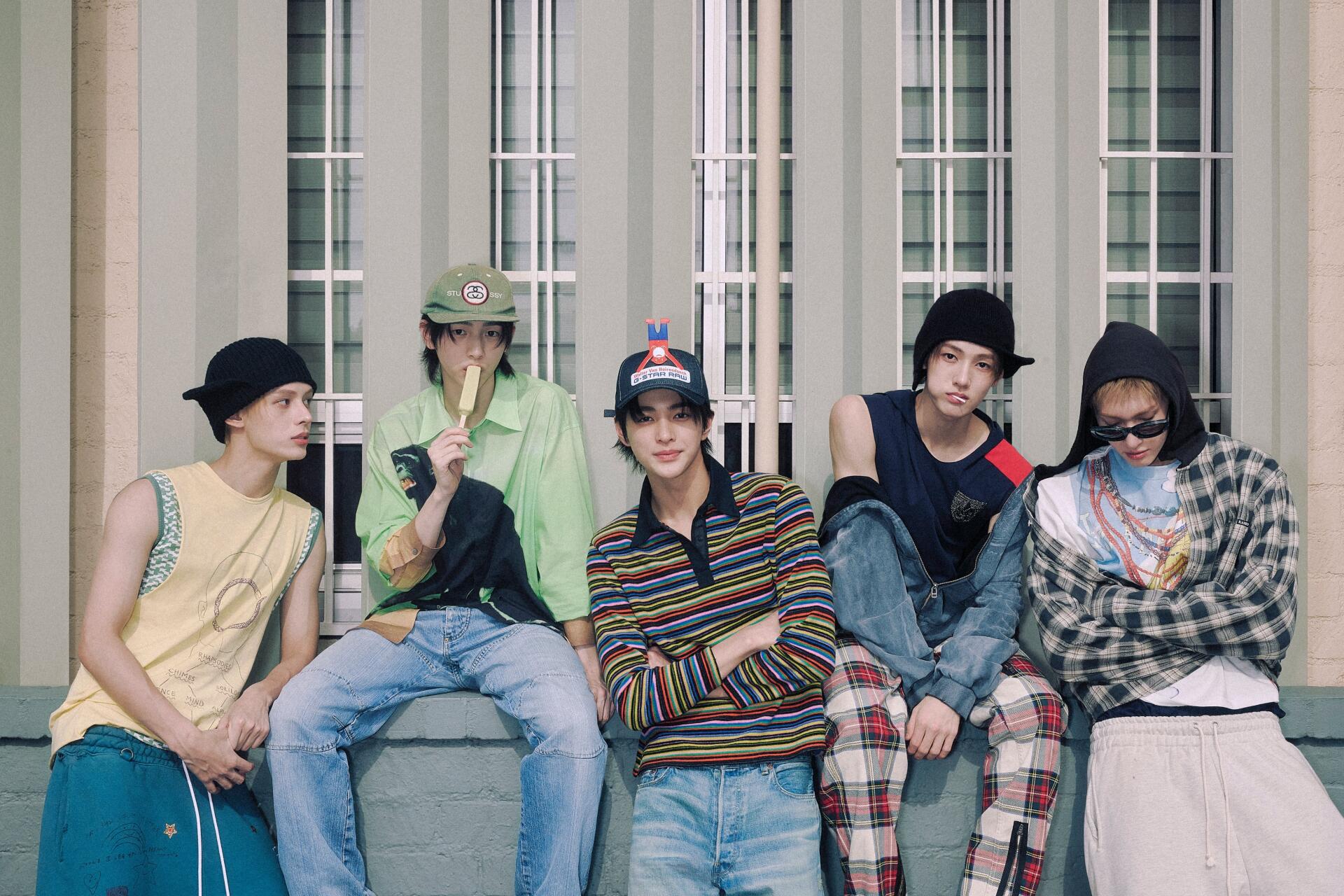 Cortis Color Outside the Lines fashion portrait: five models in eclectic streetwear pose against a paneled wall — 4K Ultra HD PC desktop wallpaper and background.