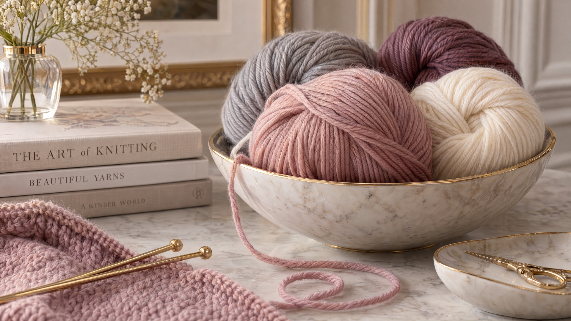 4K Ultra HD PC desktop wallpaper background showing a serene knitting scene: pastel yarn balls in a bowl, gold knitting needles, a knit swatch and knitting books.