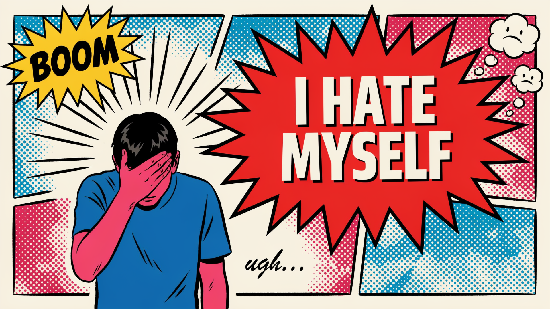 Comic-style 2K Quad HD PC desktop wallpaper/background showing a figure facepalming under a red burst reading 'I HATE MYSELF', conveying depression and sadness.