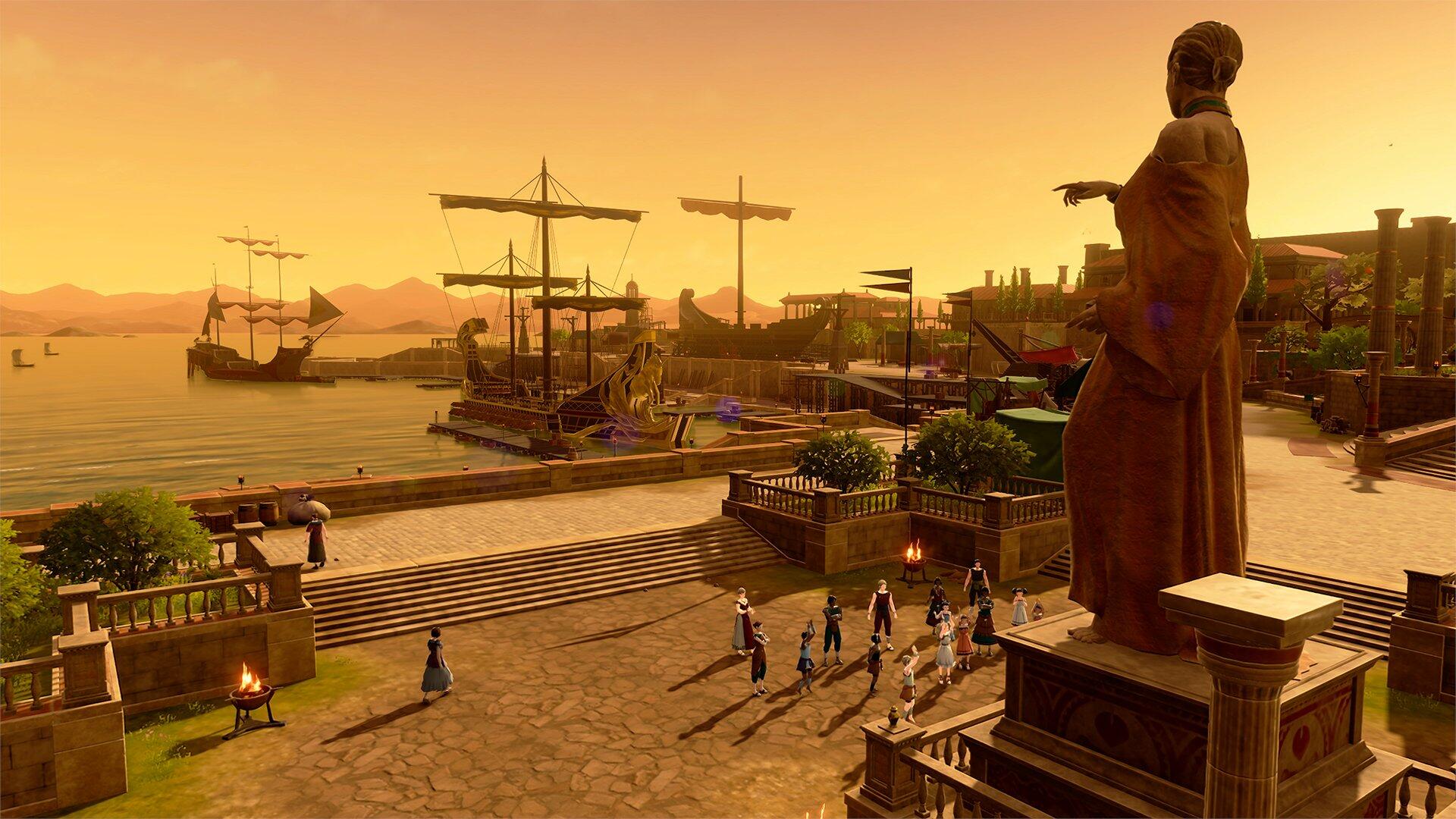 HD PC desktop wallpaper of Fire Emblem: Fortune's Weave — a golden harbor at sunset with moored ships, quay steps and a large statue overlooking the bay.
