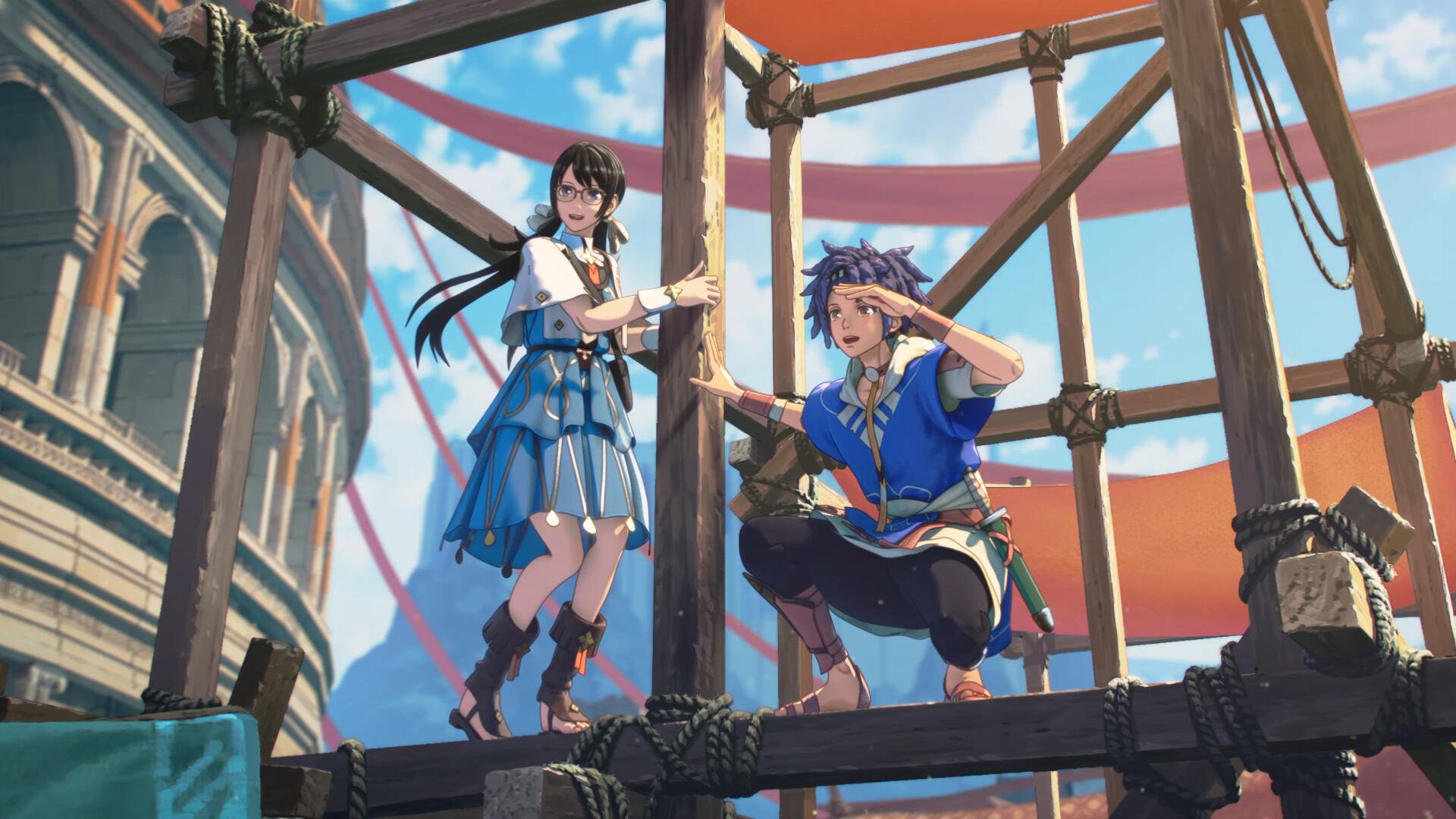 Fire Emblem: Fortune's Weave anime 4K Ultra HD PC wallpaper: two characters on wooden scaffolding framed by a bright, cloud-filled sky.