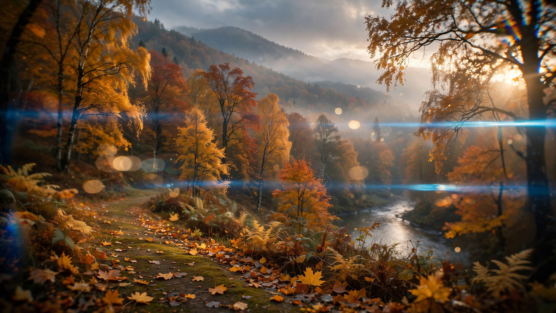 HD PC desktop wallpaper: autumn fall landscape — forested mountain river with golden trees and fallen leaves, misty light and distant peaks.