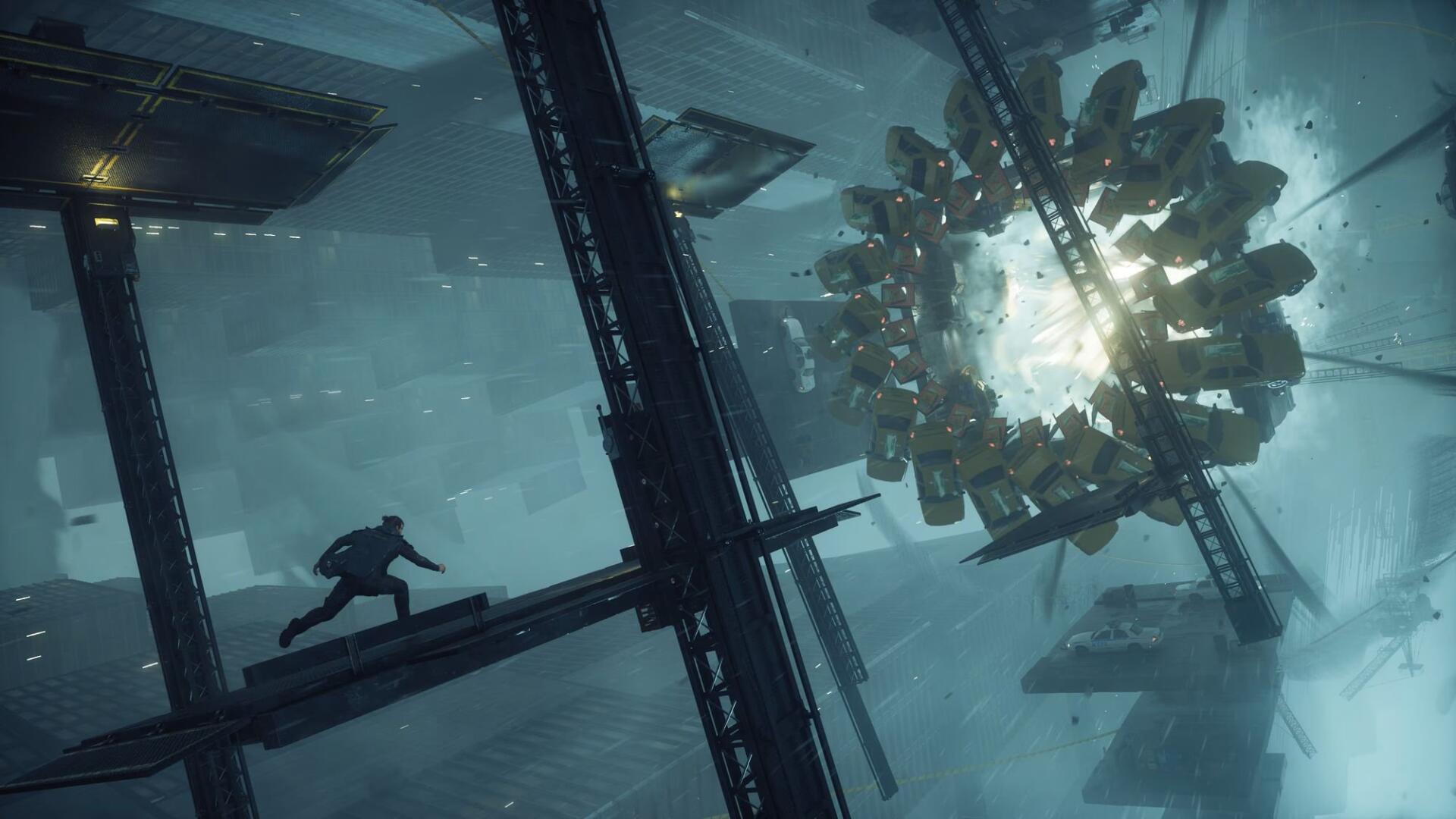 Control Resonant — HD PC desktop wallpaper by Dylan Faden: sci-fi space station interior with a lone silhouette running on girders toward a glowing ring-shaped spaceship.