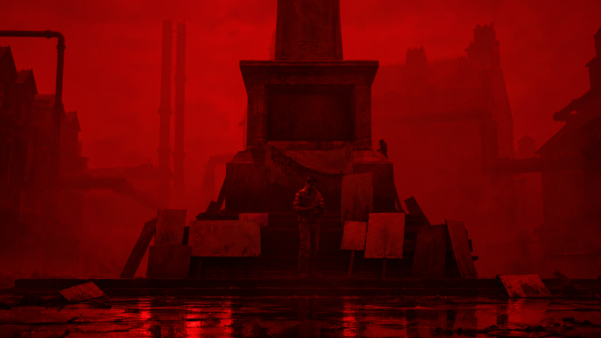 Silent Hill: Townfall 4K Ultra HD PC wallpaper — a blood-red cityscape centered on a monolithic monument tower rising from flooded streets.