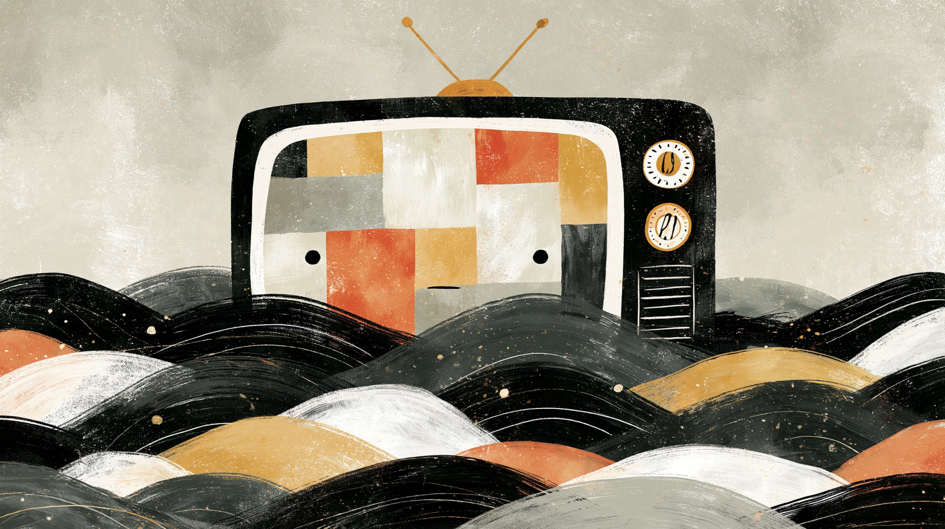 Artistic retro television with colorful patchwork screen emerging from stylized waves in a muted palette — abstract 2K Quad HD PC desktop wallpaper and background.