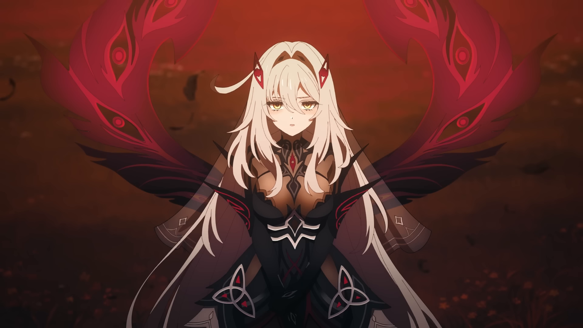 HD PC desktop wallpaper of Ronova (Genshin Impact): an anime horned girl with long white hair, a dark outfit and glowing red wing-like shadows against a blood-red, moody background.