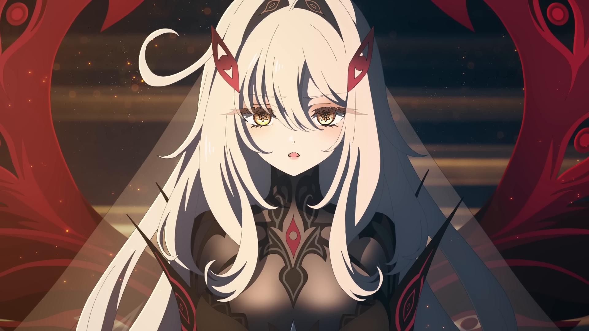 HD PC desktop wallpaper of Ronova (Genshin Impact): pale-haired anime girl with red horn-like hair ornaments, ornate dark armor and glowing amber eyes on a red-black backdrop.