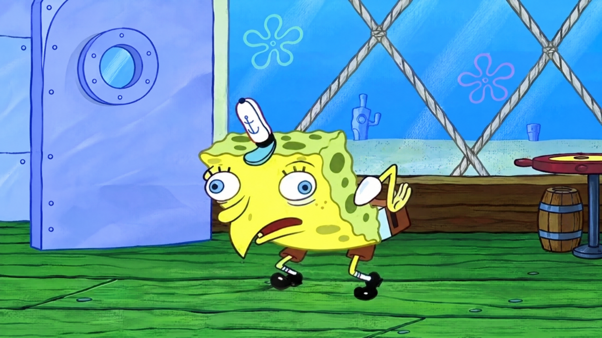 Mocking SpongeBob meme from SpongeBob SquarePants: cartoon SpongeBob bent in a sarcastic pose against an underwater diner backdrop; 4K Ultra HD PC desktop wallpaper/background.