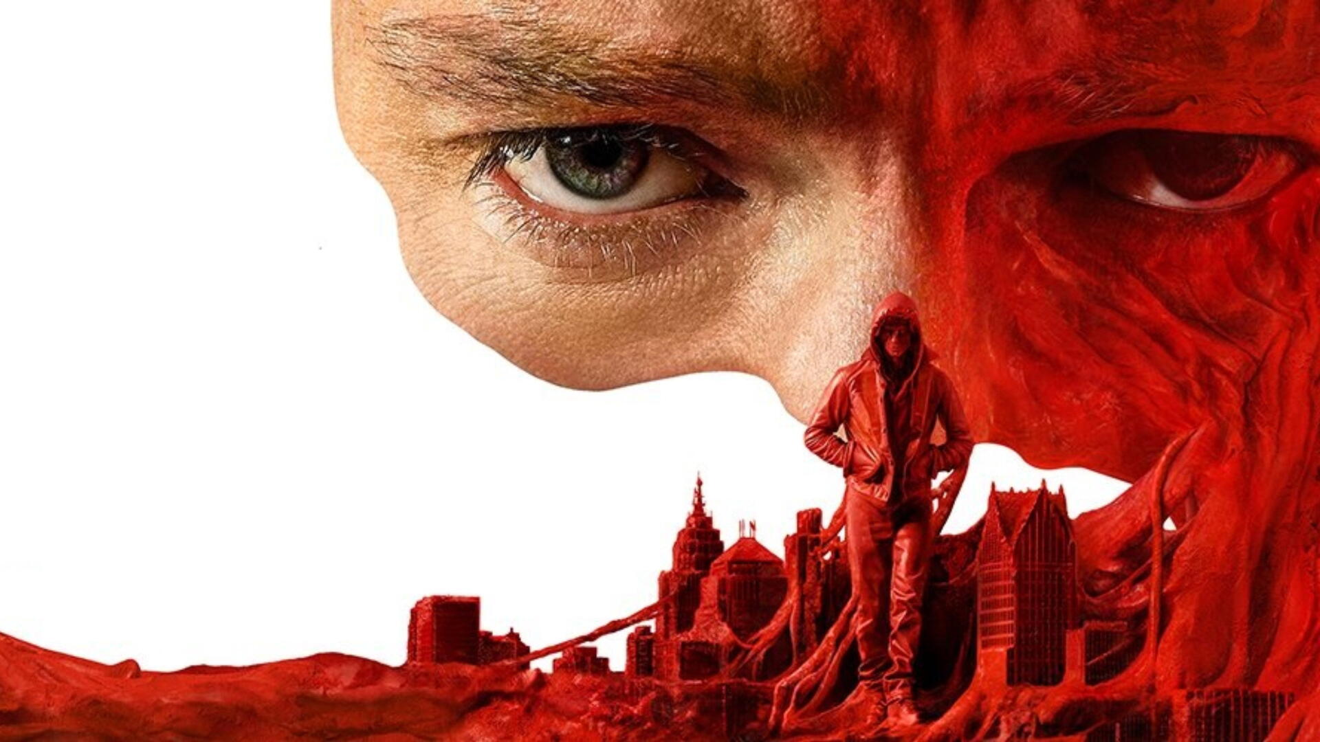 4K Ultra HD PC desktop wallpaper: close-up human face blending into a red Clayface figure and sculpted city skyline, dramatic contrast with a single intense eye.