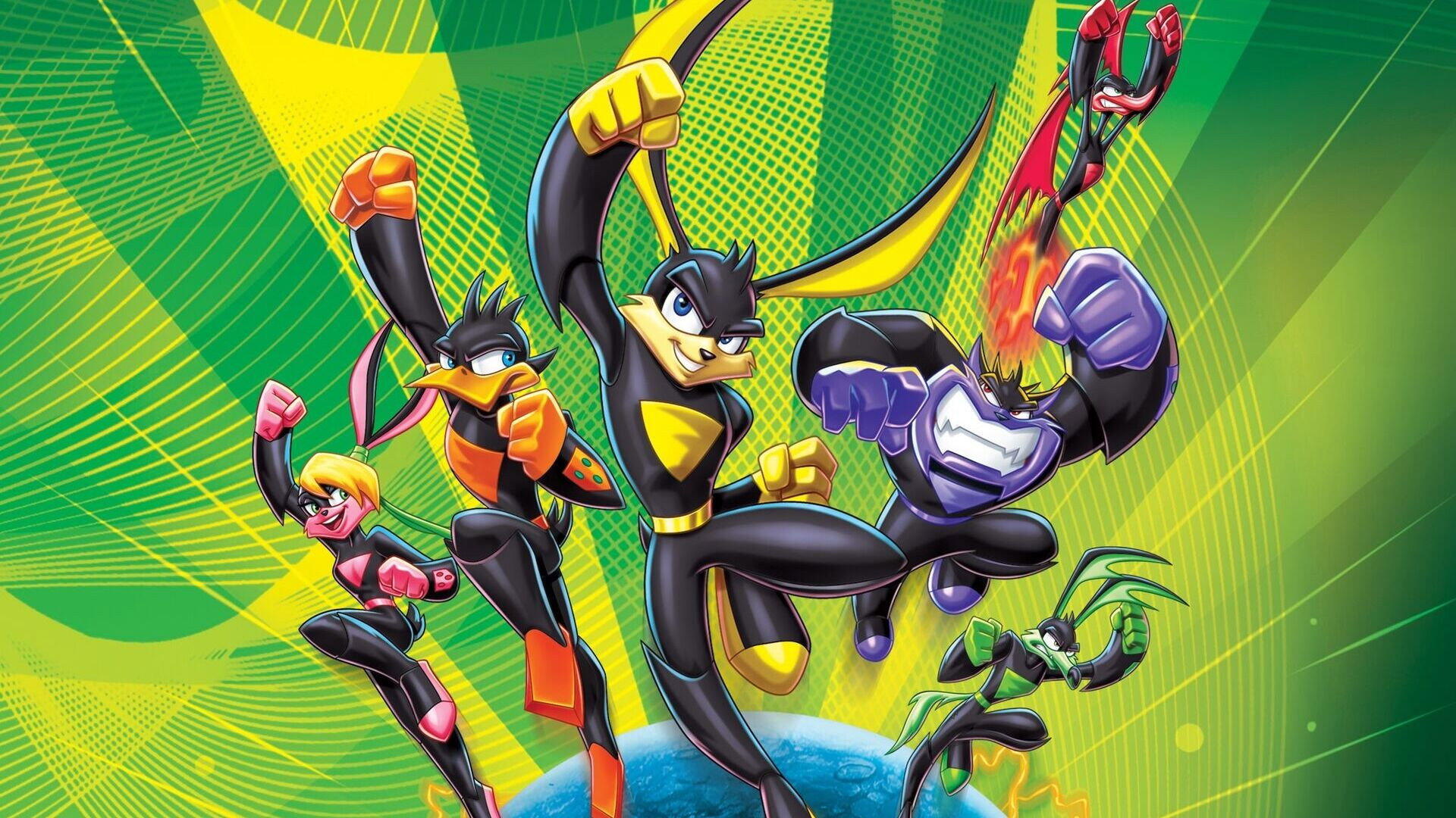 Loonatics Unleashed: five futuristic heroes leaping against a dynamic green-yellow burst — HD PC desktop wallpaper and background.