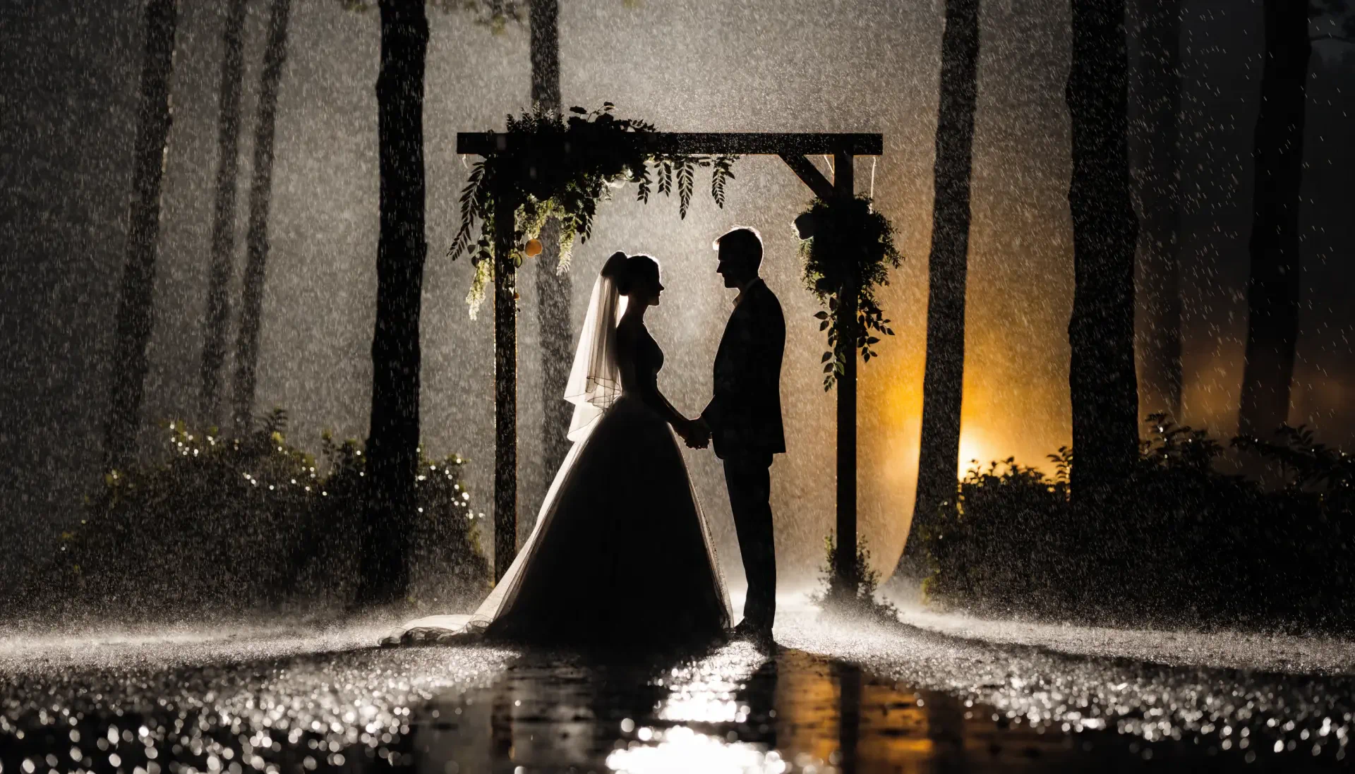 Silhouetted bride and groom hold hands under a floral arch in a rain-soaked forest at night, a wedding marriage ceremony scene — 2K Quad HD PC desktop wallpaper background.