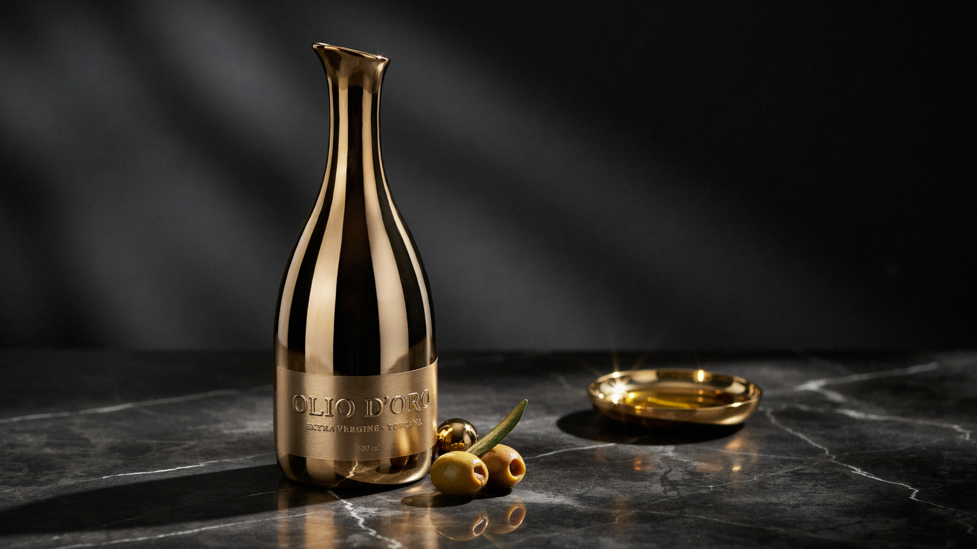 2K Quad HD PC desktop wallpaper: polished golden olive oil bottle, olives and dish on a dark marble surface with dramatic lighting.