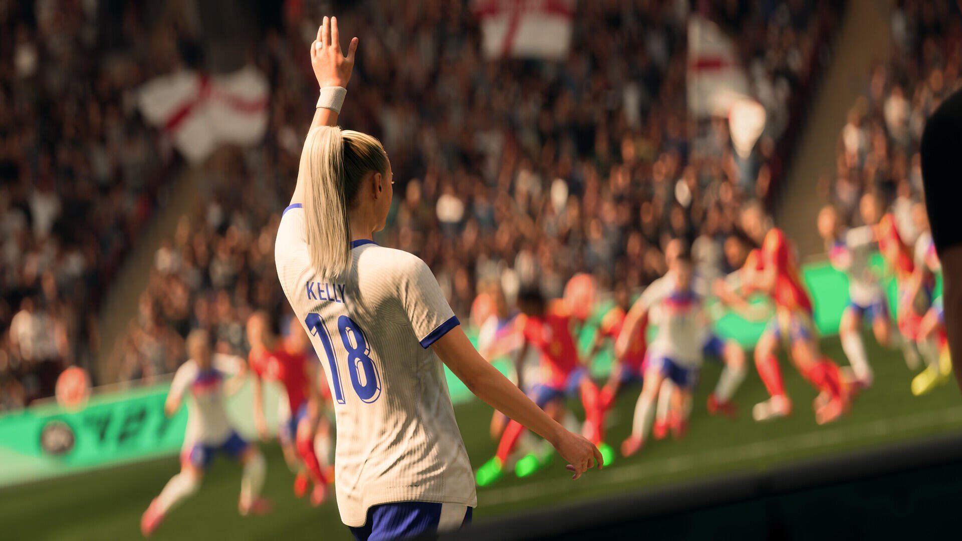 EA SPORTS FC 27 HD PC desktop wallpaper/background: soccer player #18 raises an arm in celebration on the pitch with blurred crowd and teammates behind.