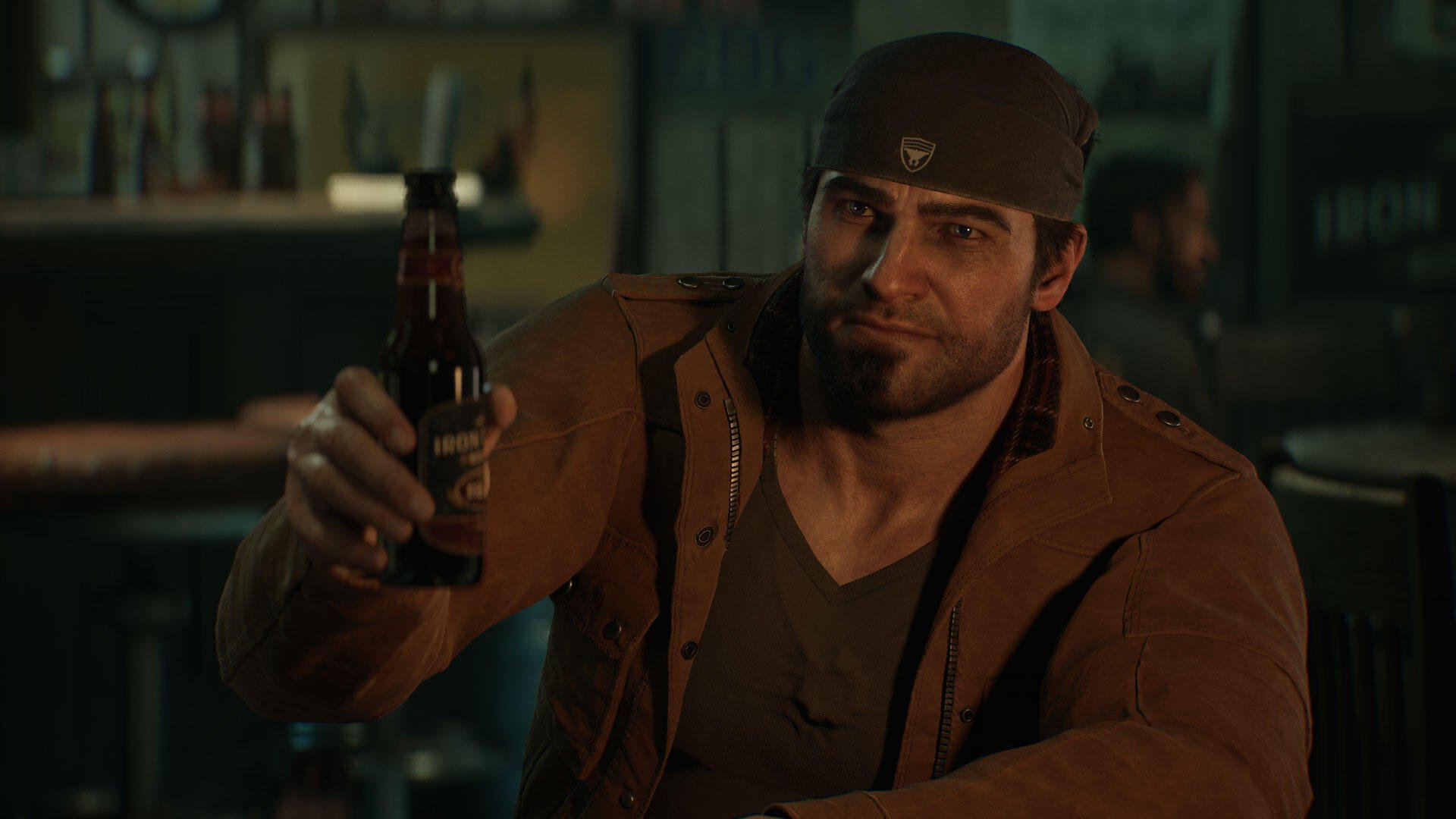 HD PC desktop wallpaper of a man from Gears of War: E-Day — a rugged soldier in a cap raising a beer in a dimly lit bar, atmospheric Gears of War scene.