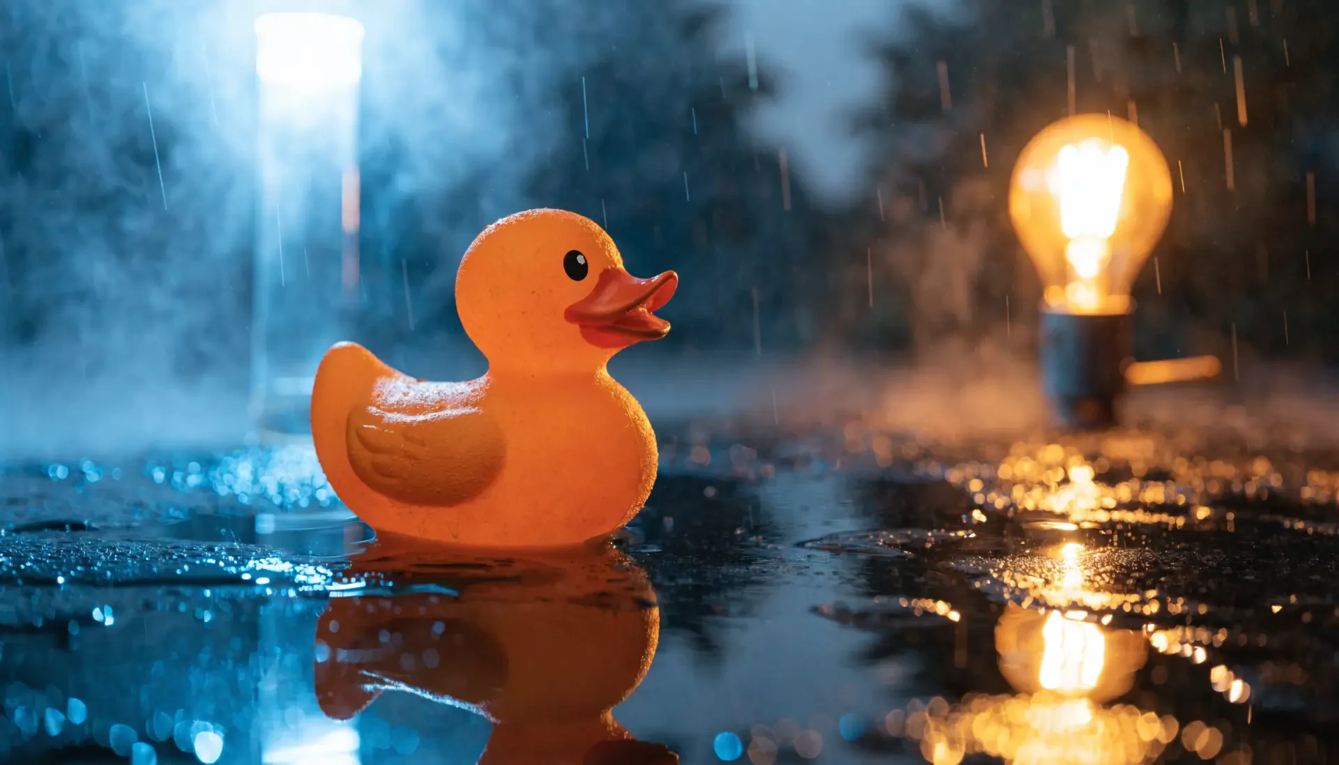 Yellow rubber duck toy on a wet reflective surface with warm bulb glow and blue bokeh; 2K Quad HD PC desktop wallpaper/background.