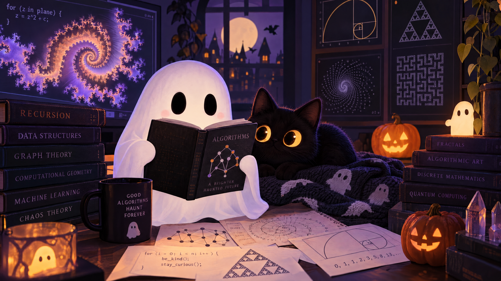 Spooky-cute 4K Ultra HD PC desktop wallpaper and background: a friendly ghost reads a book beside a wide-eyed black cat, pumpkins and candles in a cozy moonlit study of arcane books.