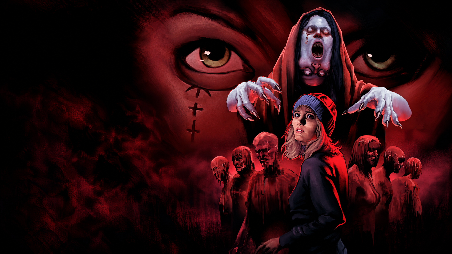 Tenebris Somnia horror wallpaper: possessed girl surrounded by ghostly figures and a looming demonic face, crimson fog and crosses — 4K Ultra HD PC desktop background.