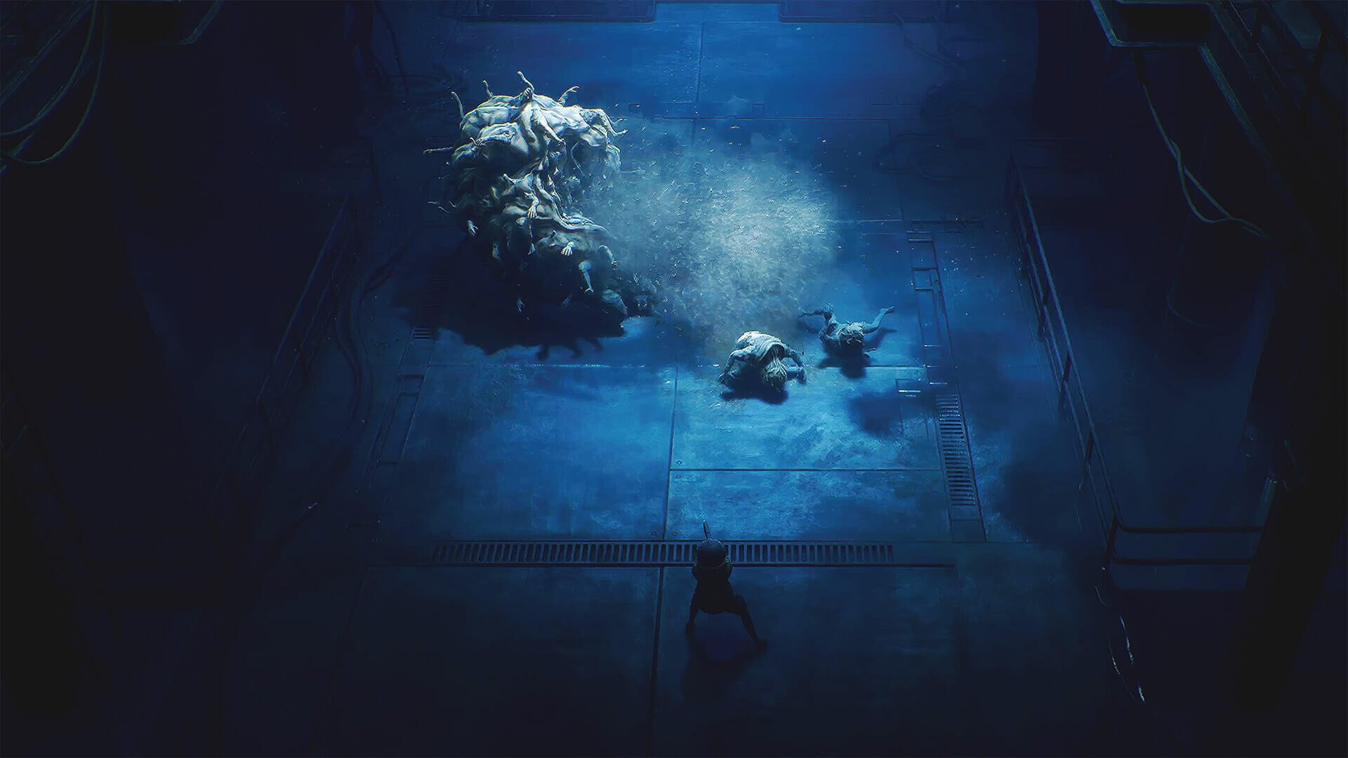 End of Abyss underwater scene: deep ocean reef lit by blue light, two divers by a coral outcrop with rising bubbles — HD PC desktop wallpaper/background.