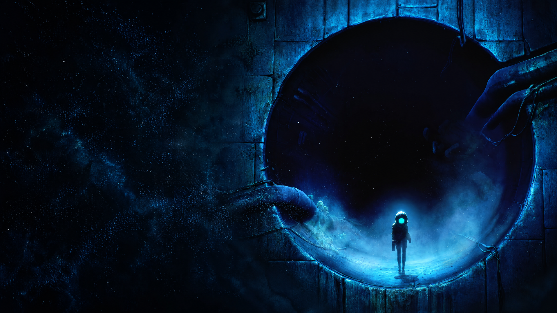 4K Ultra HD PC wallpaper: lone figure at the rim of the End of Abyss portal — a glowing vortex black hole opening into a starry void.