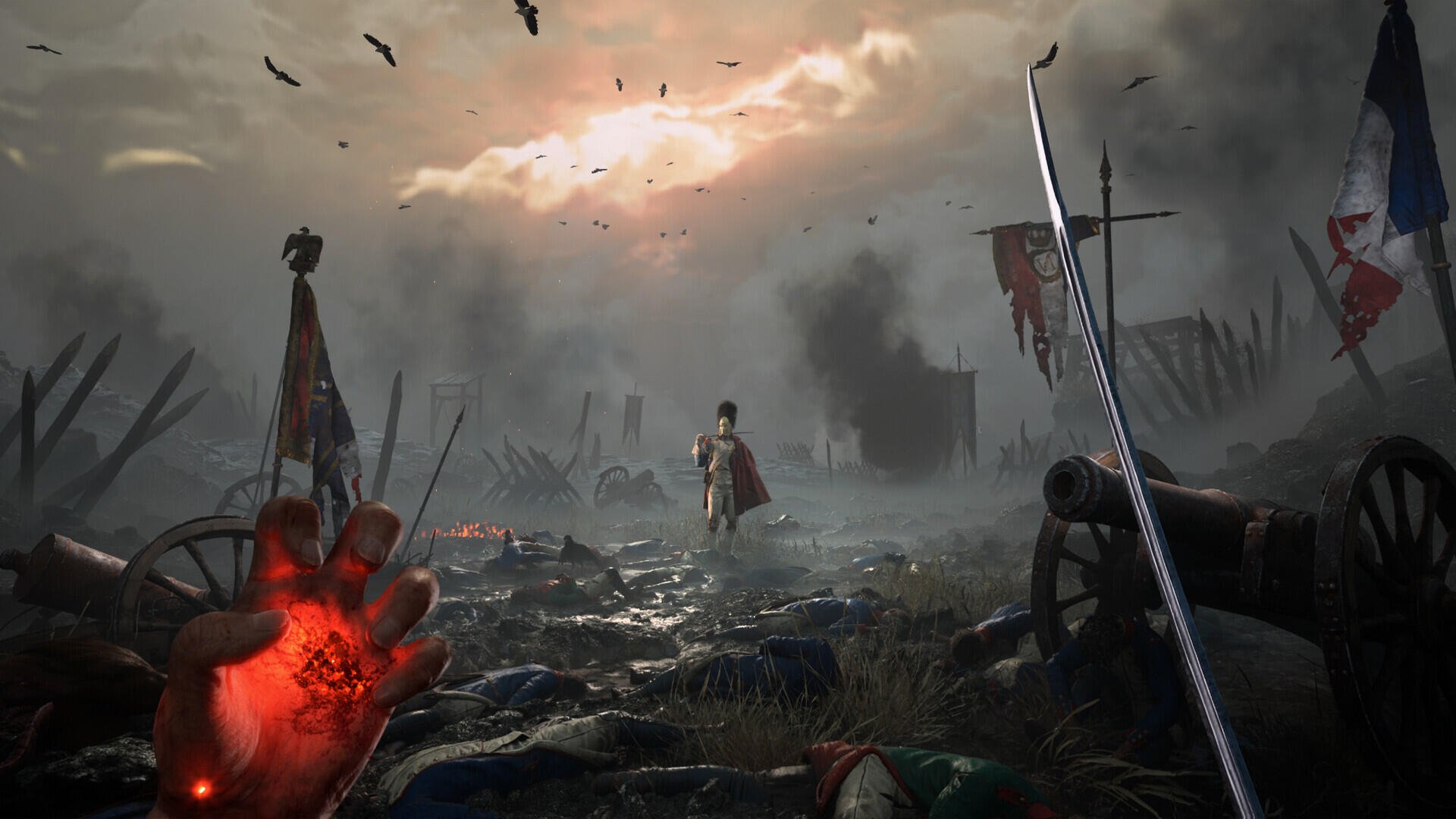 Valor Mortis HD PC wallpaper: lone warrior with sword crosses a blood-soaked battlefield under a stormy sky; fallen banners, bodies, and a red-glowing hand and blade in the foreground.